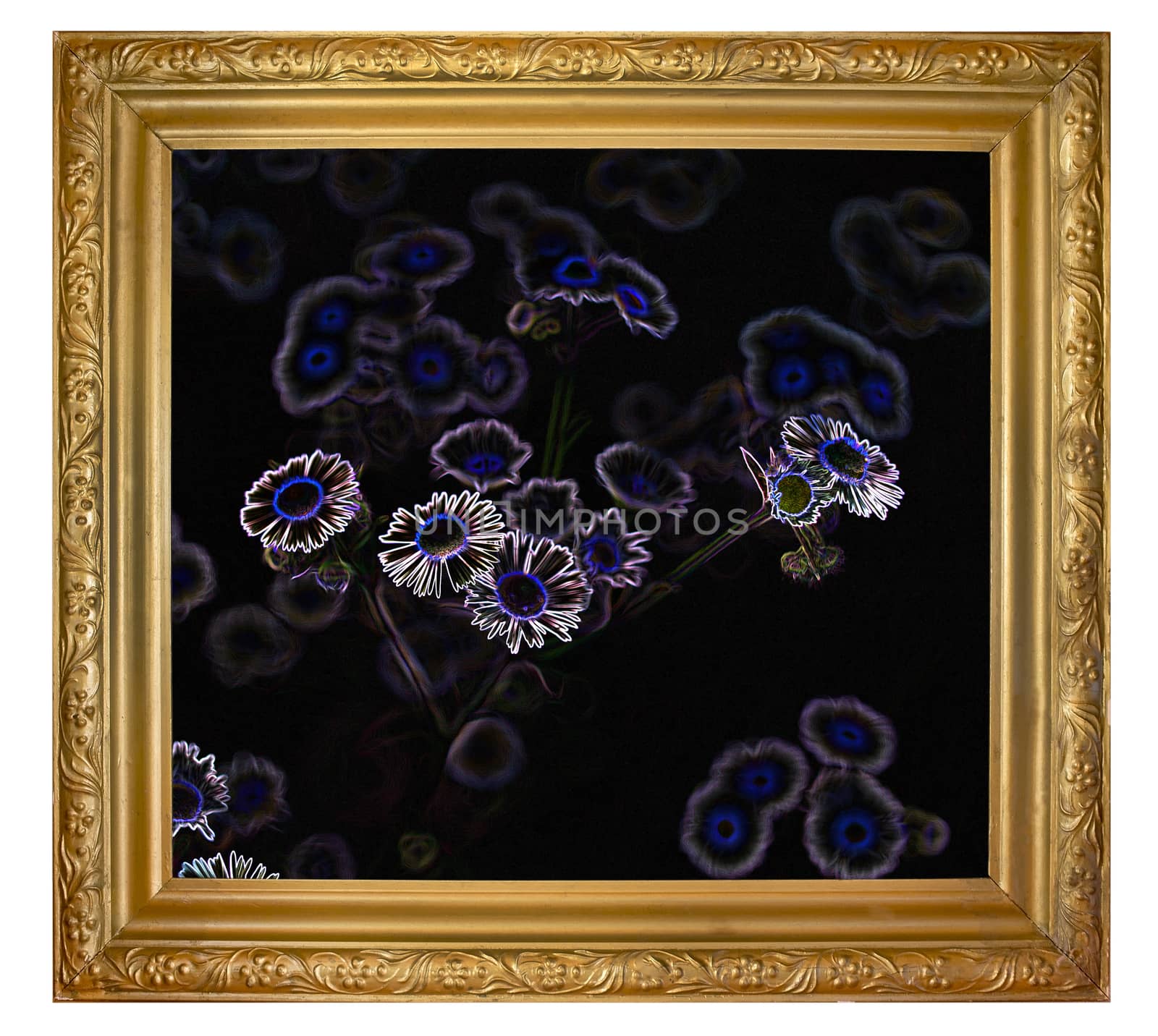 Painting in the form of flowers on a black background in a golden frame, isolated on white background