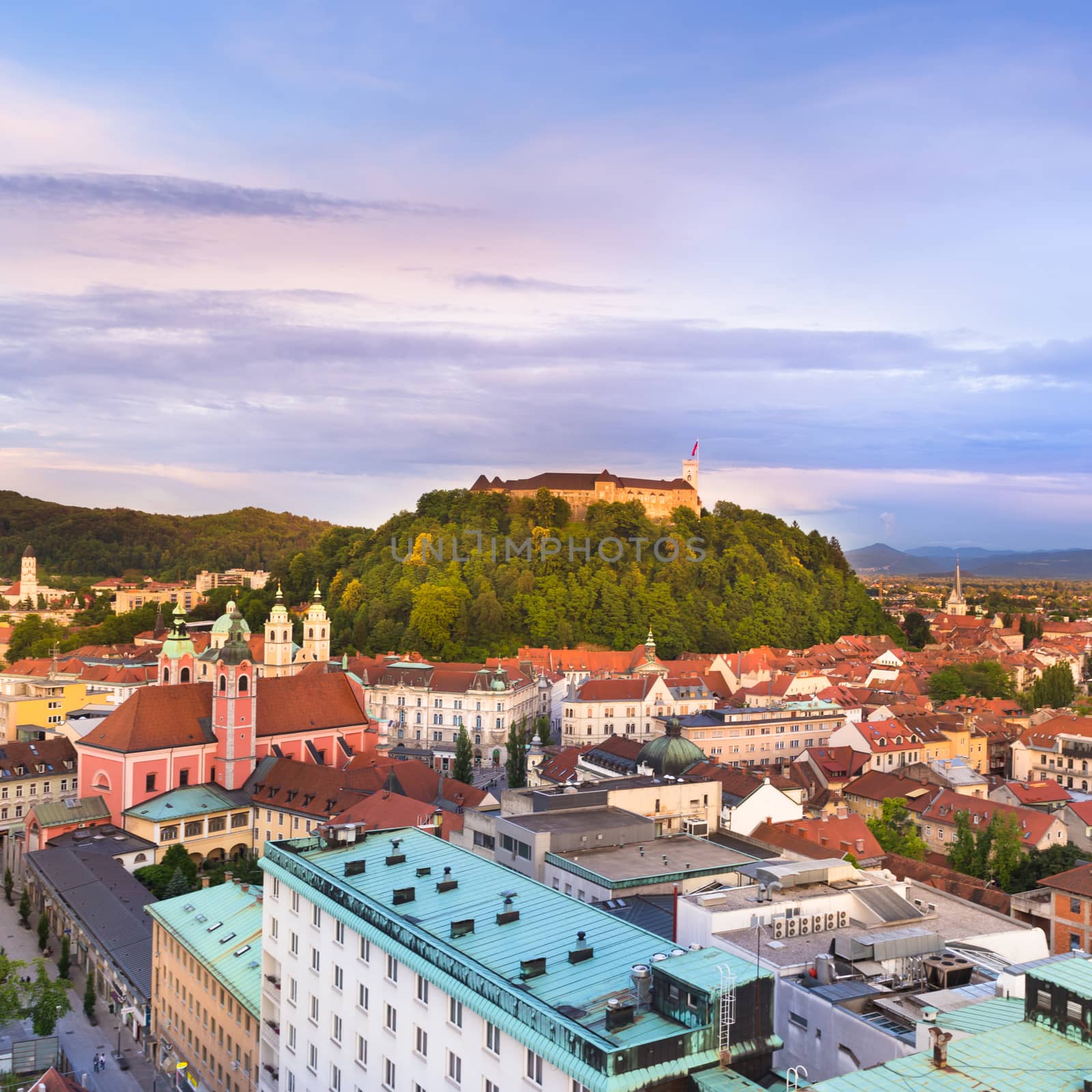 Panorama of the Slovenian capital Ljubljana at sunset; Slovenia, Europe.