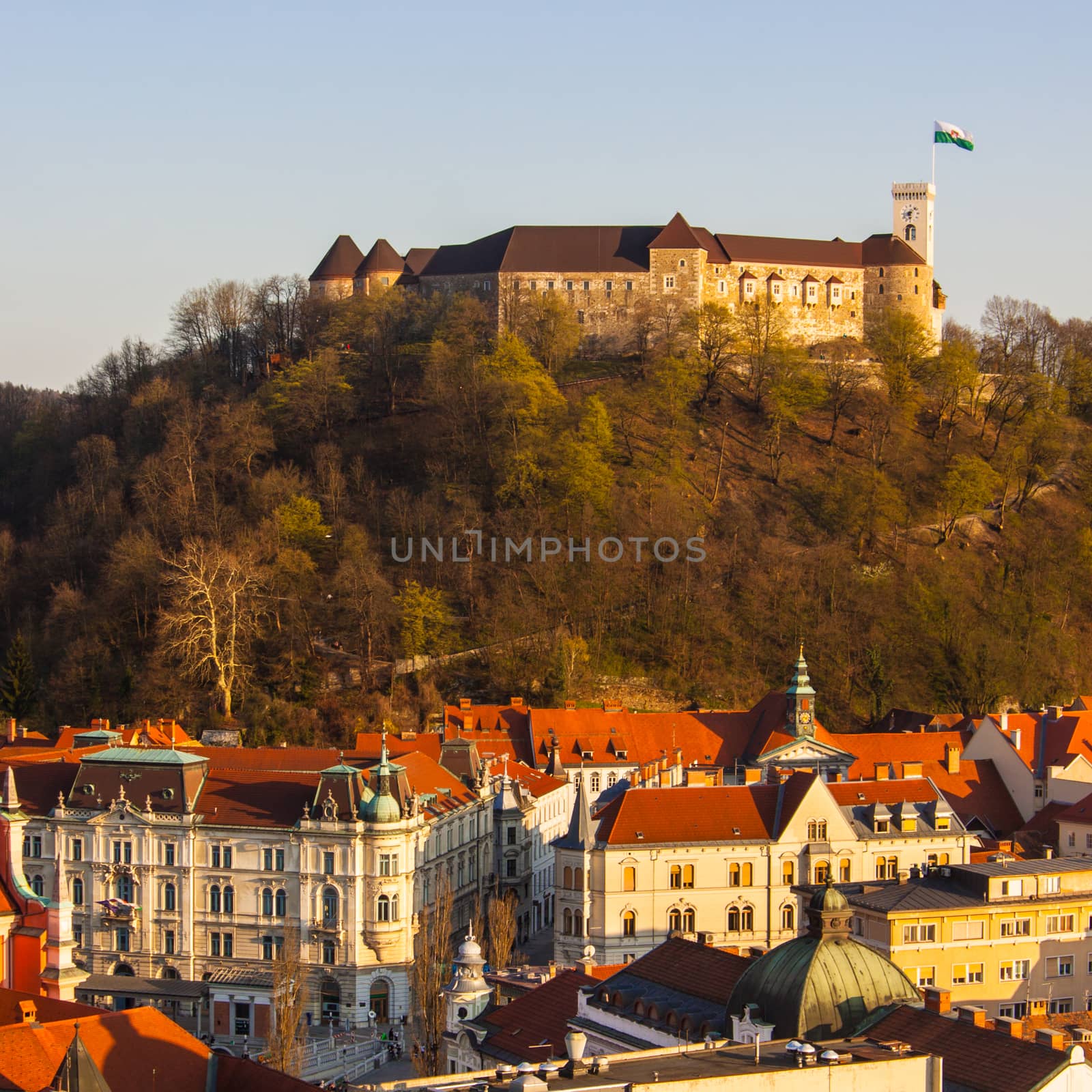 Panorama of the Slovenian capital Ljubljana at sunset; Slovenia, Europe.