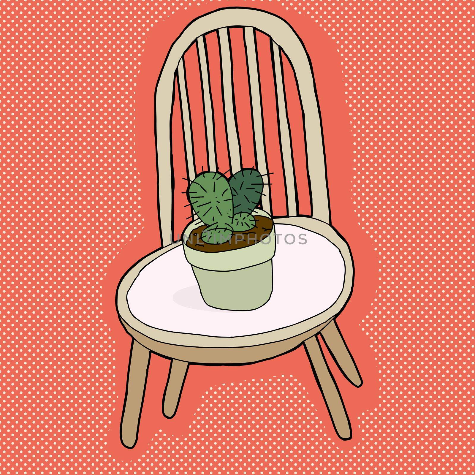 Pot of cactus plant on seat of chair