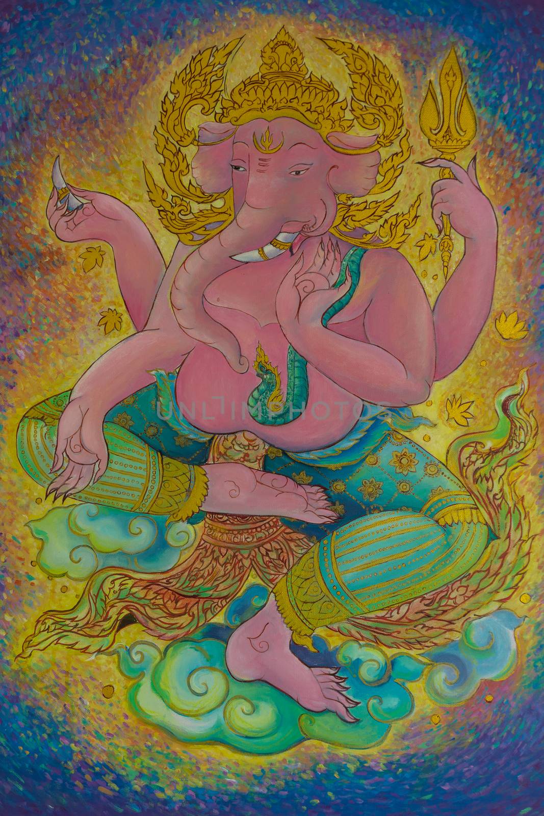 God of Hindu, Ganesh watercolor drawings on the wall.