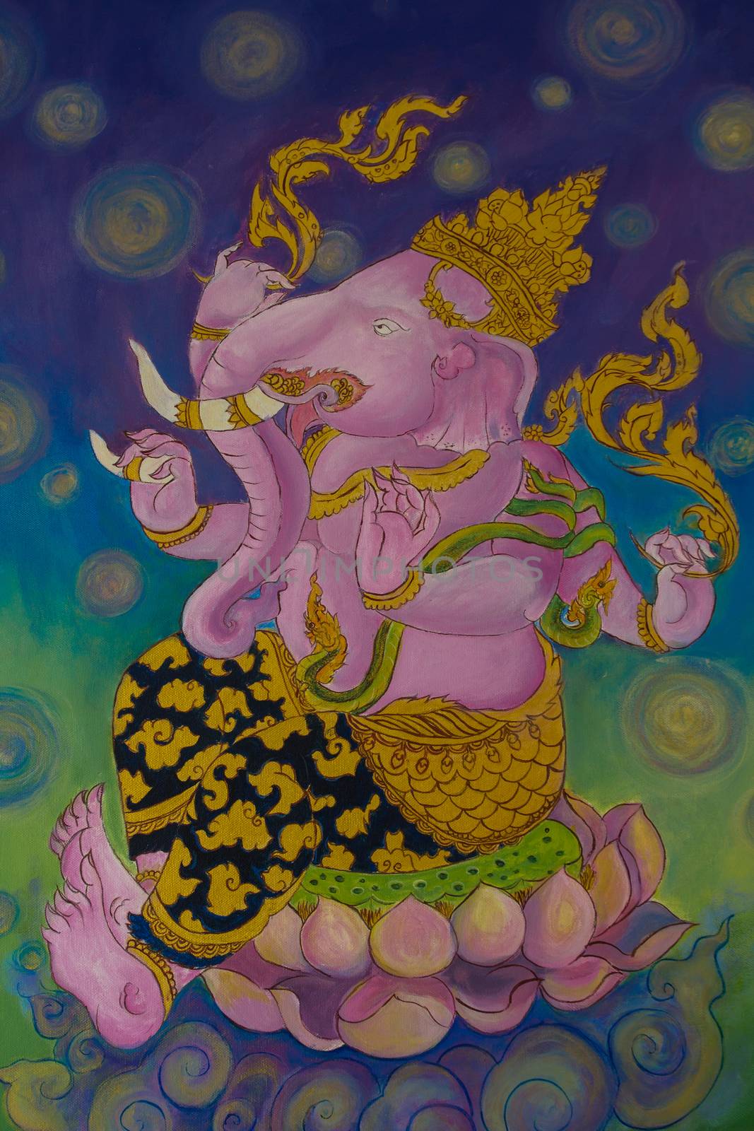 God of Hindu, Ganesh watercolor drawings on the wall.