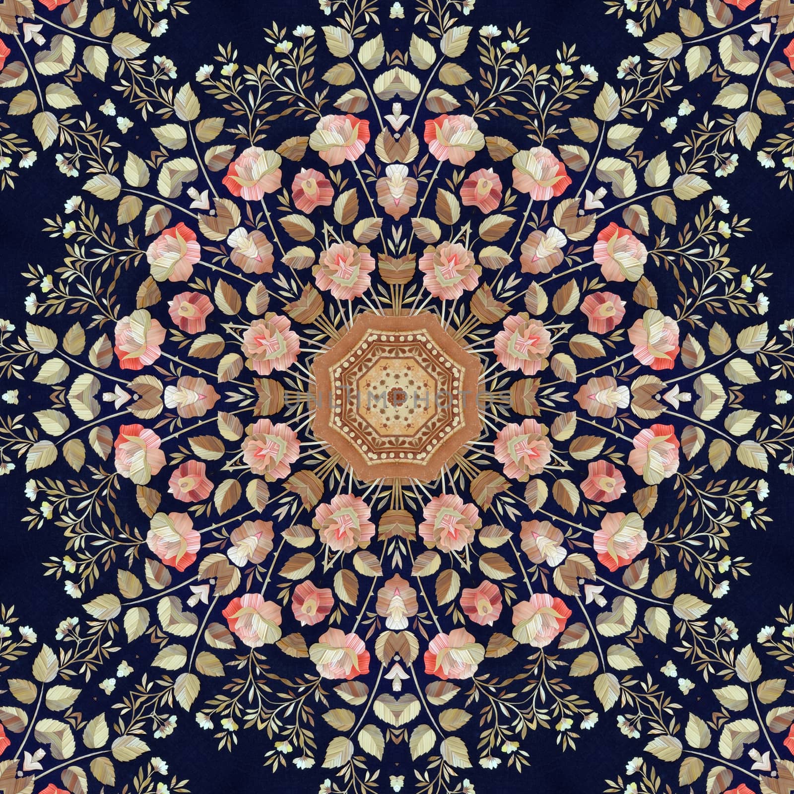 Abstract seamless artistic pattern, floral ornament, handmade applique from painted straw and bark on a black fabric background