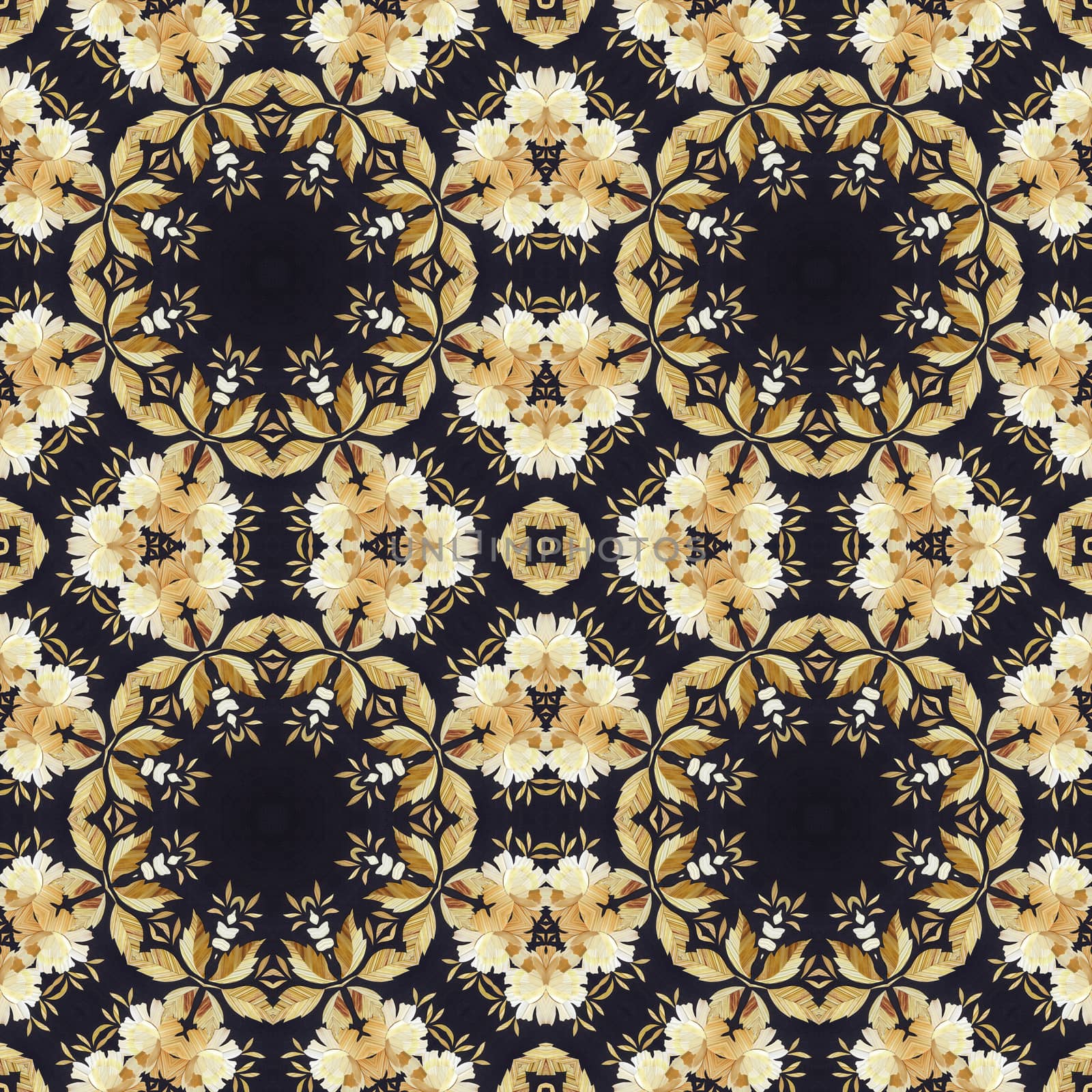 Abstract seamless artistic pattern, floral ornament, handmade applique from painted straw and bark on a black fabric background