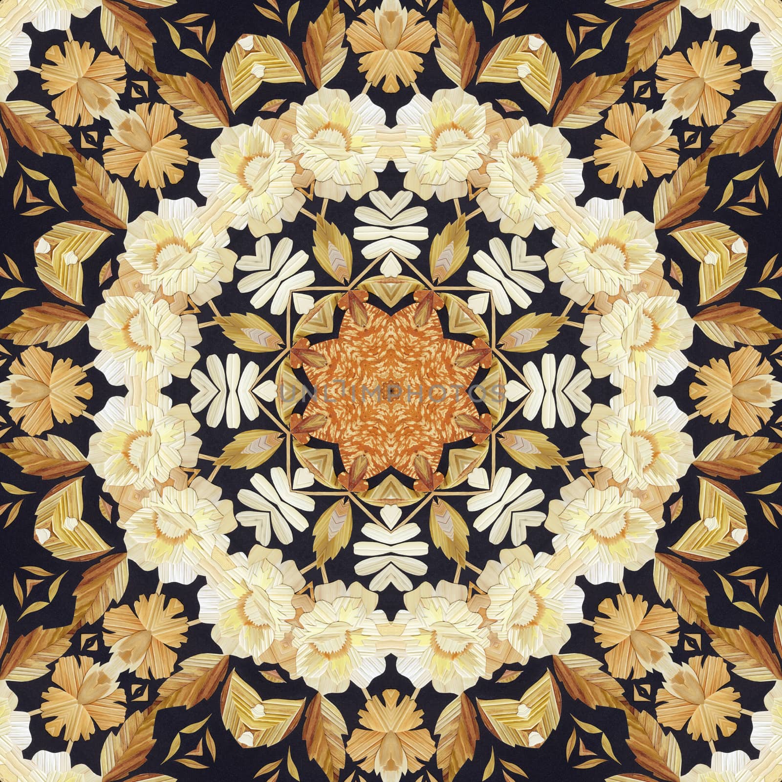 Abstract seamless artistic pattern, floral ornament, handmade applique from painted straw and bark on a black fabric background
