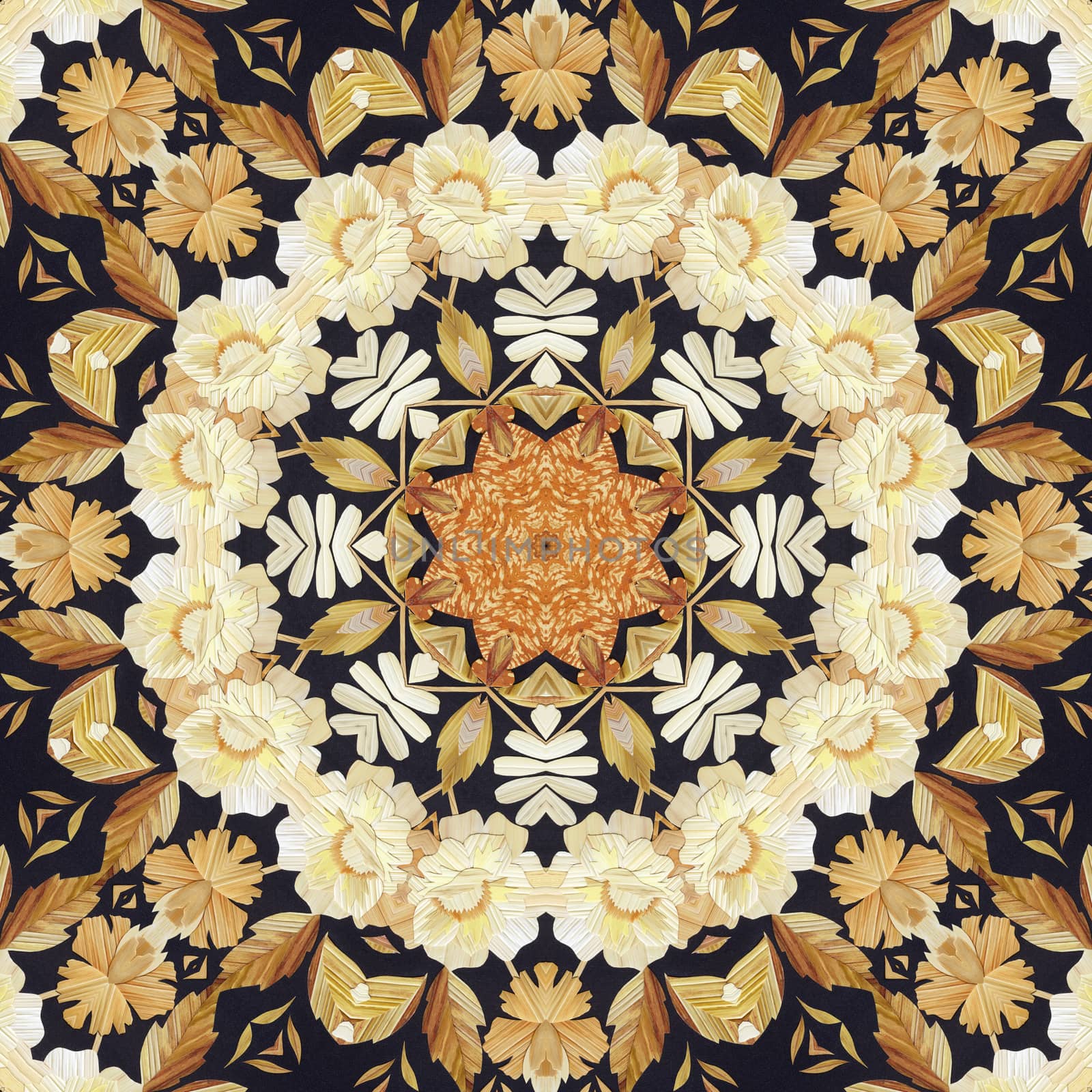 Abstract seamless artistic pattern, floral ornament, handmade applique from painted straw and bark on a black fabric background