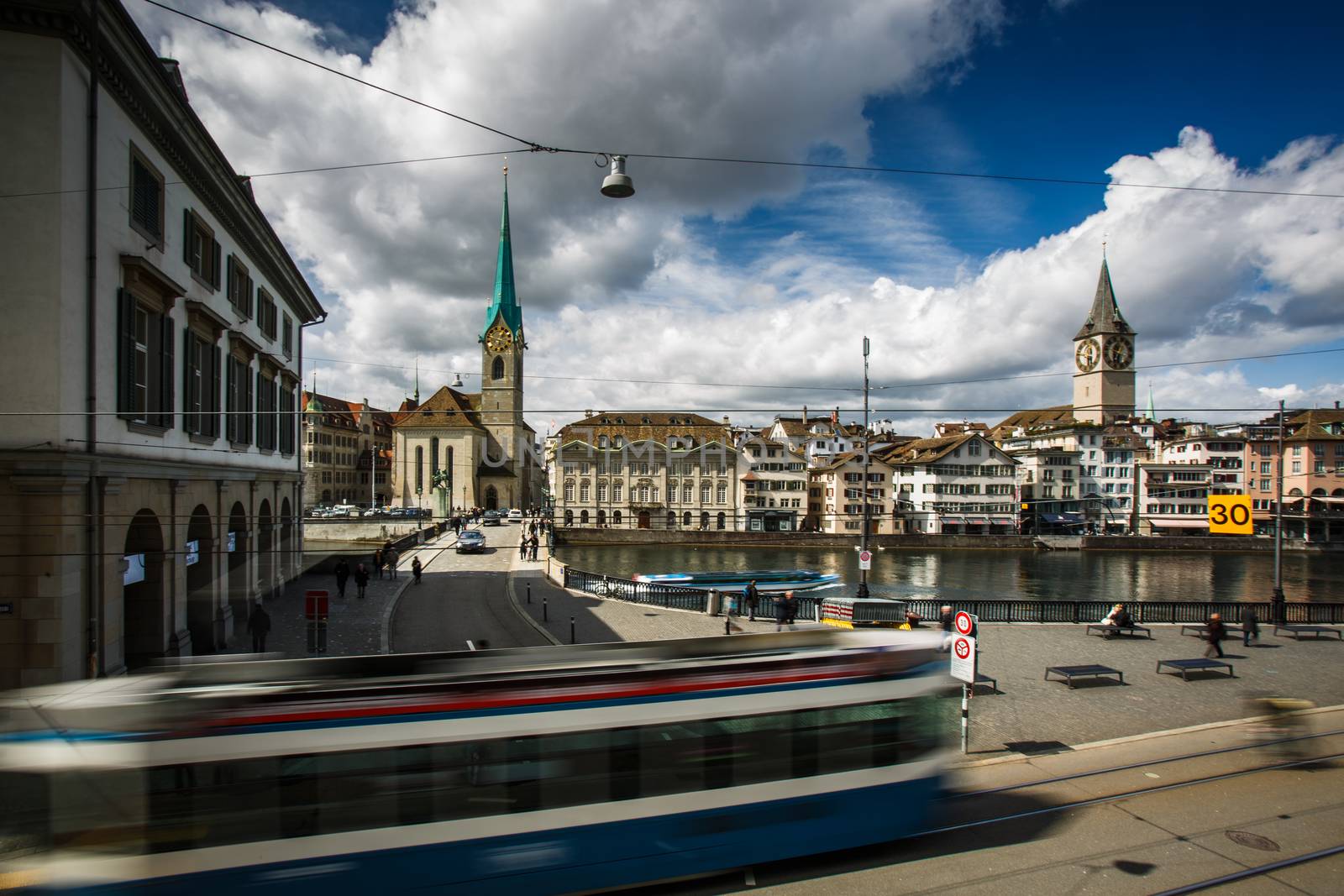 Zurich cityscape with motion blurred city traffic