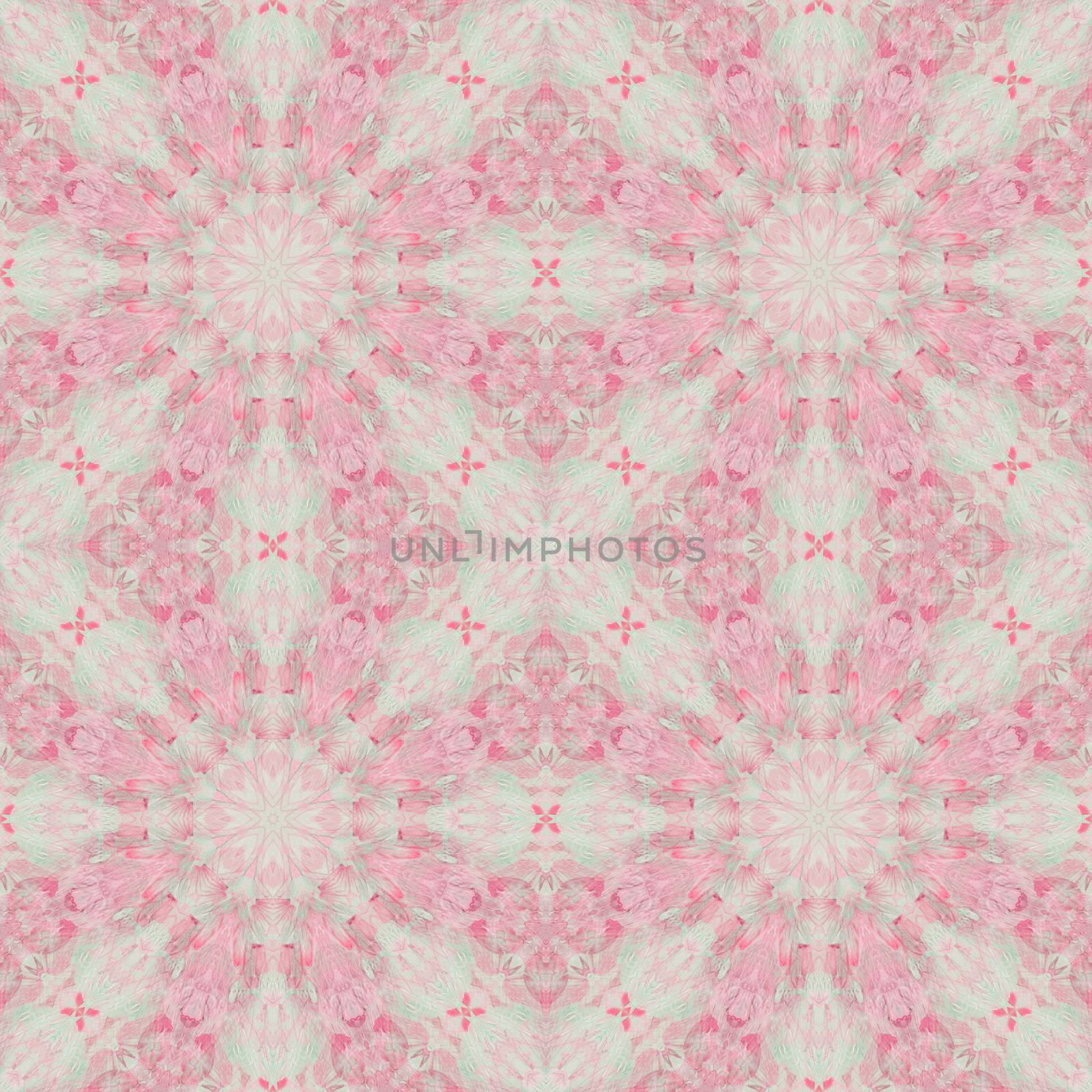 Abstract artistic seamless pattern, handmade floral ornament, applique from painted garlic husks, leaves and watercolor background
