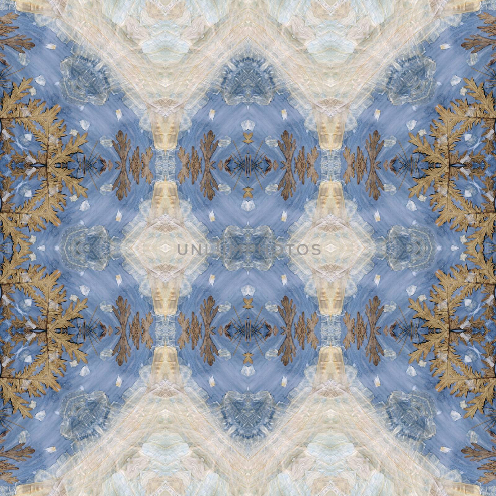 Abstract artistic seamless pattern, handmade floral ornament, applique from painted garlic husks, leaves and watercolor background