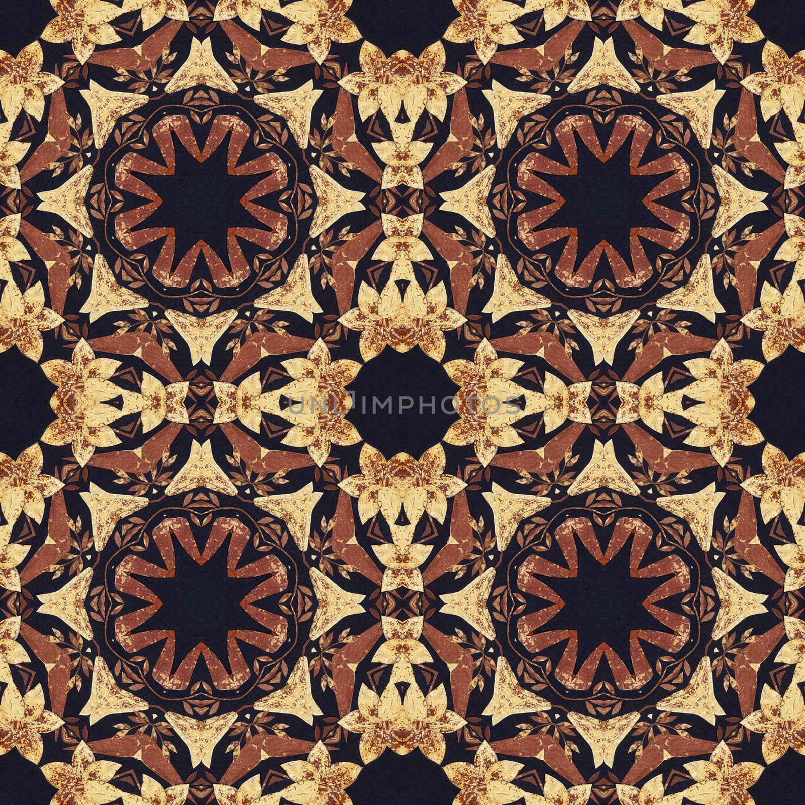 Abstract artistic pattern, seamless handmade floral ornament, applique from the back side of a birch bark on black fabric background