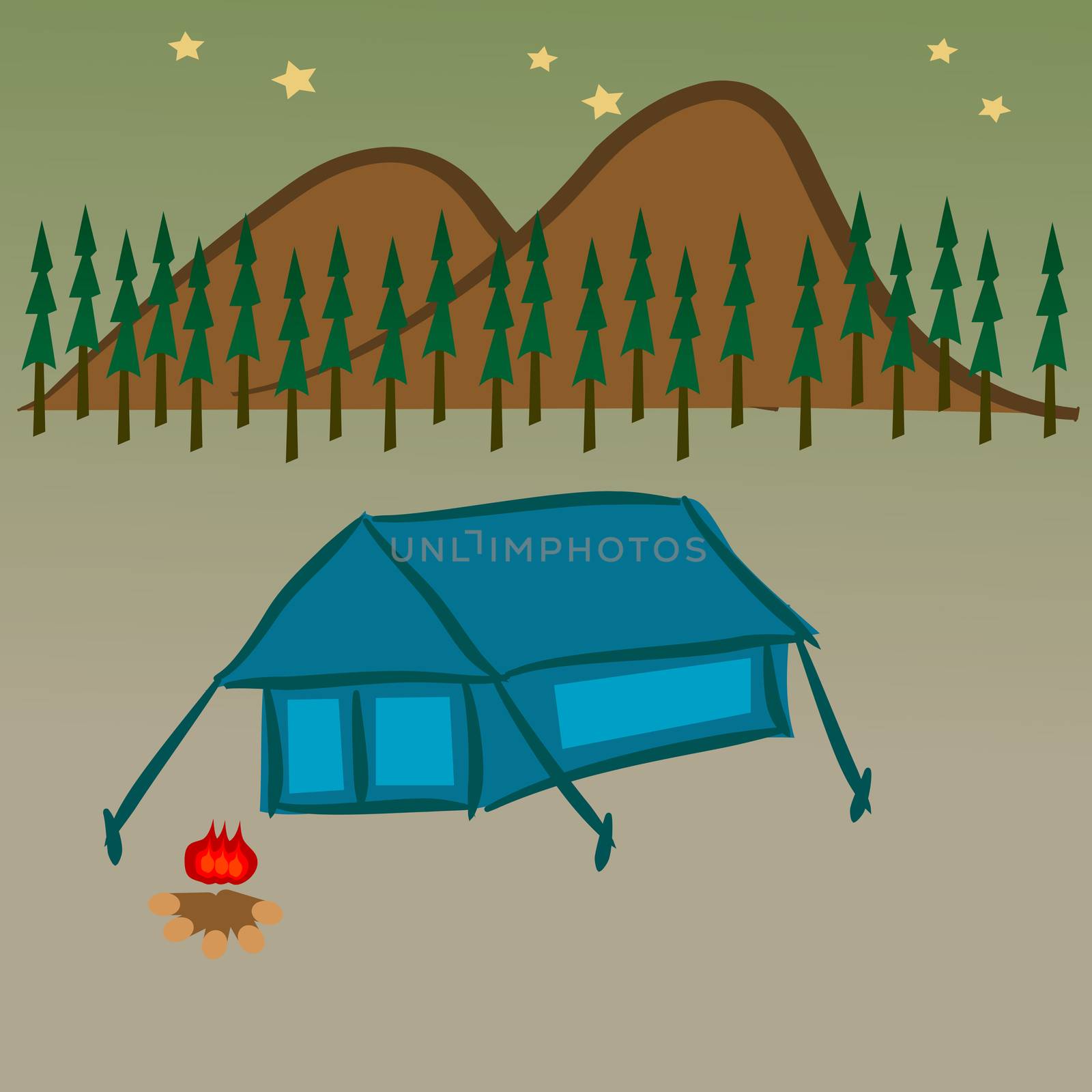 Vector of tent and camp fire in the nighttime