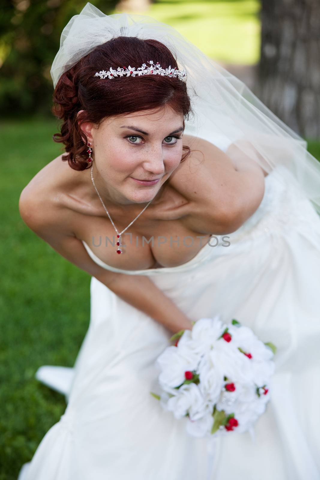 Beautiful young, bride in an elegant wedding gown, with sparkles in her hair.  Shallow depth of field with focus on face.