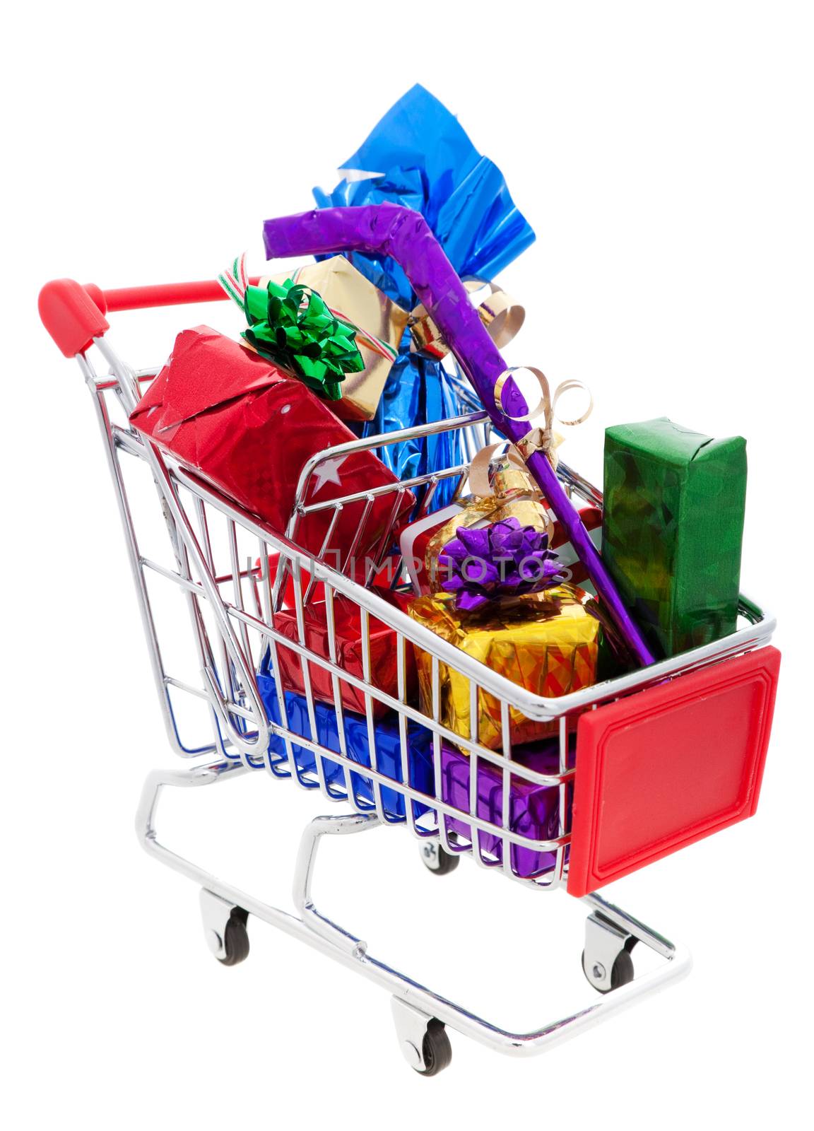 A cart full of wrapped Christmas presents, including a wrapped hockey stick and a wrapped bottle of wine.  Shot on white background.
