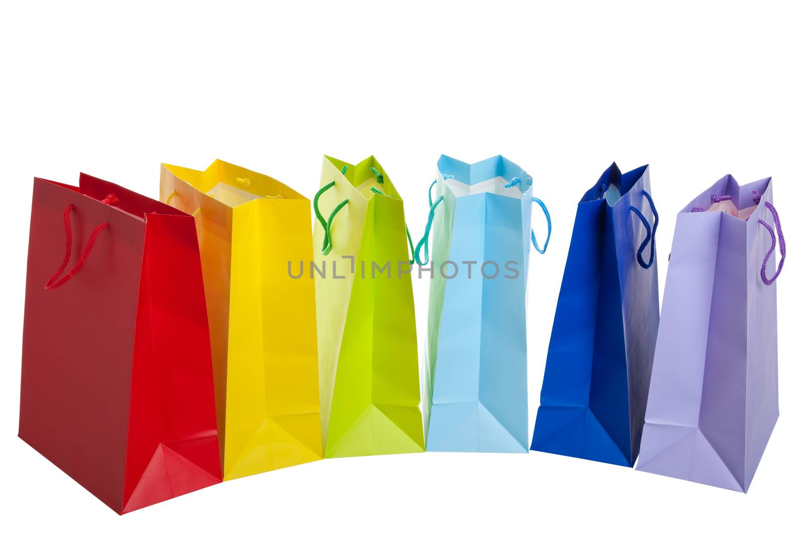 Brightly colored shopping bags in a rainbow of colors.