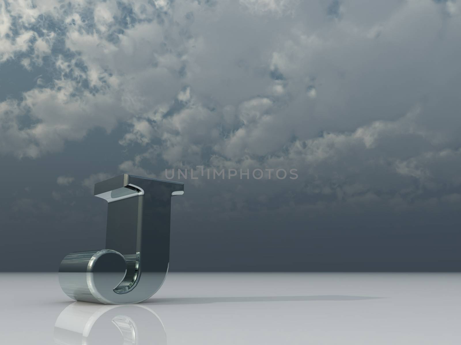 metal uppercase letter j under dark cloudy sky - 3d illustration