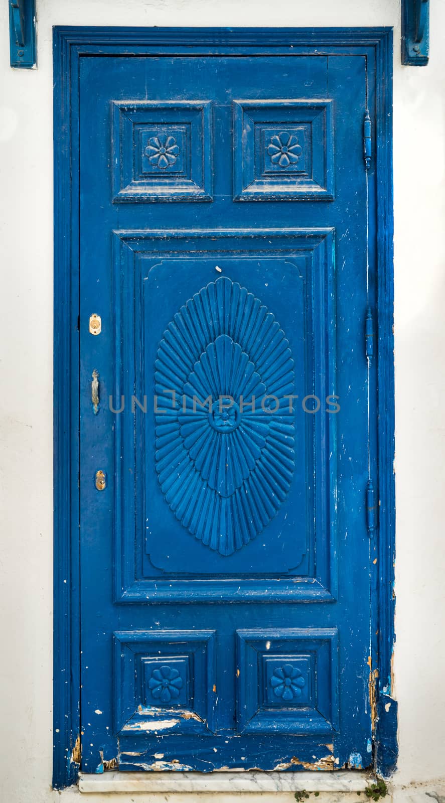 Blue wooden door as symbol of Sidi Bou Said in Tunisia. Large resolution