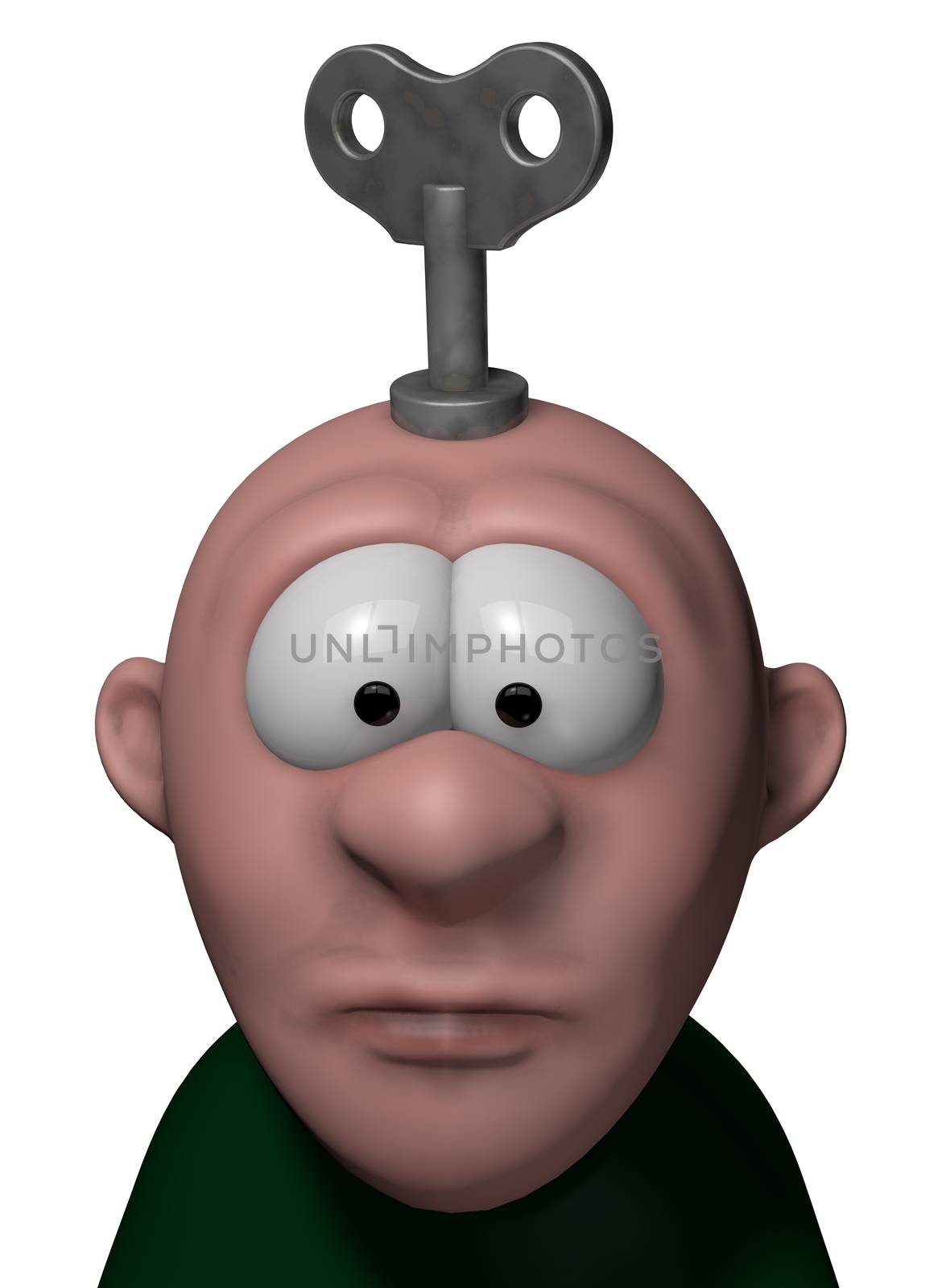 cartoon character with key to wind up on his head - 3d illustration