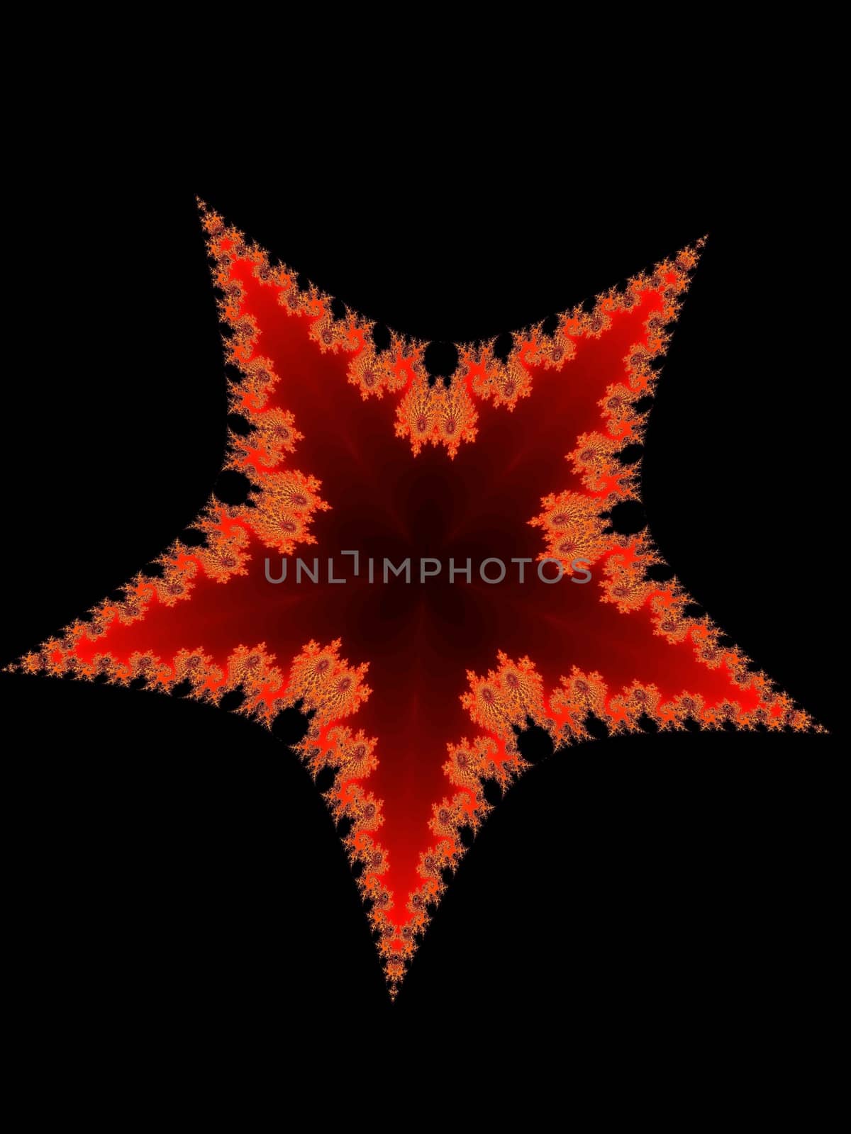 Digital computer graphic - red fractal star on a black background for design.