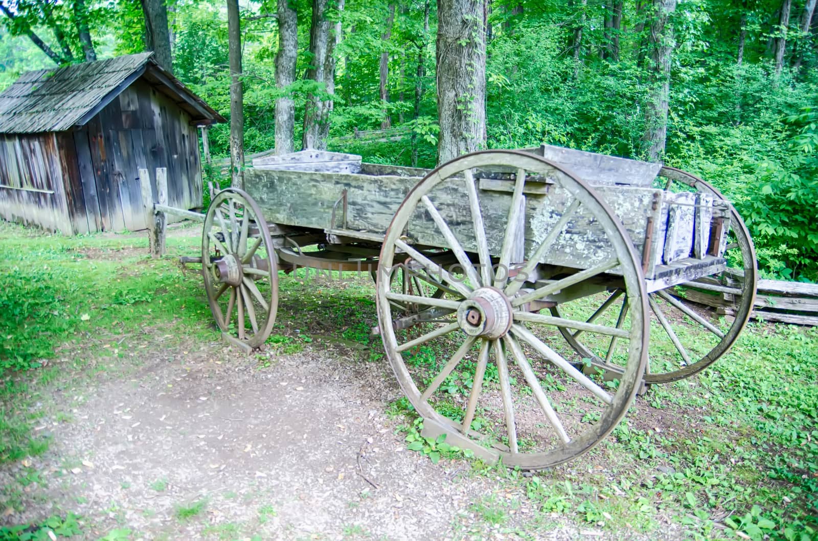 Historic Edwin B. Mabry Grist Mill (Mabry Mill) in rural Virginia on Blue Ridge Parkway and reflection on pond in summer