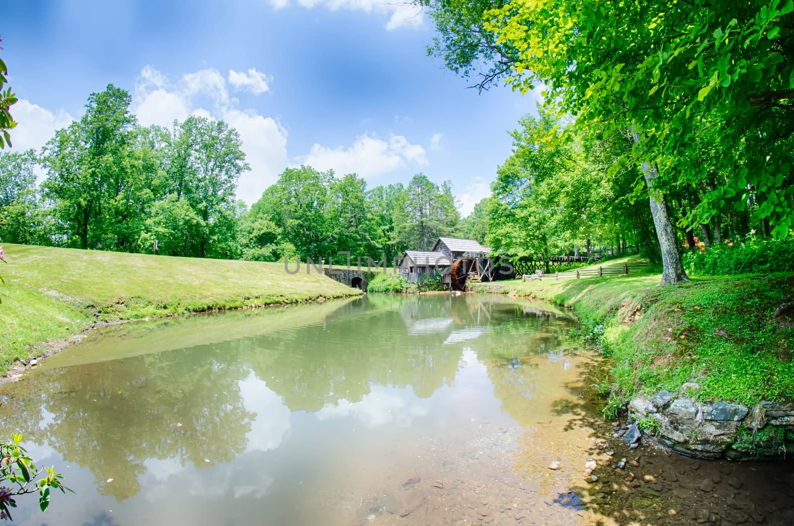 Historic Edwin B. Mabry Grist Mill (Mabry Mill) in rural Virginia on Blue Ridge Parkway and reflection on pond in summer