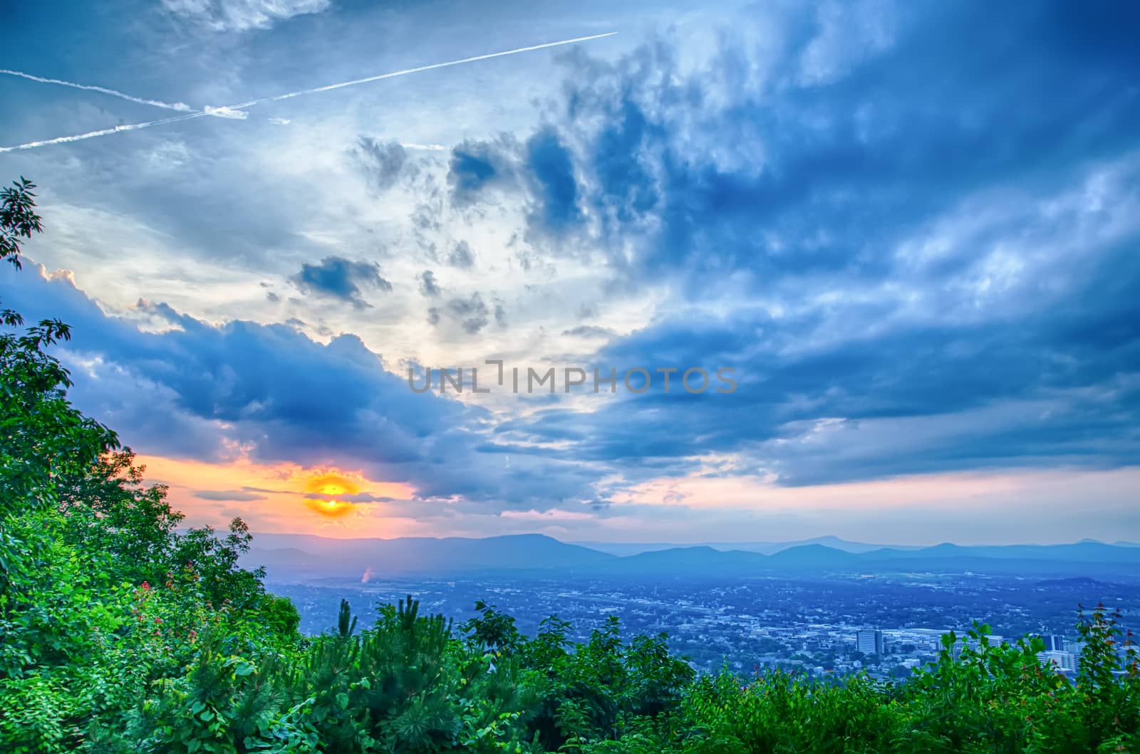 Roanoke City as seen from Mill Mountain Star at dusk in Virginia, USA.