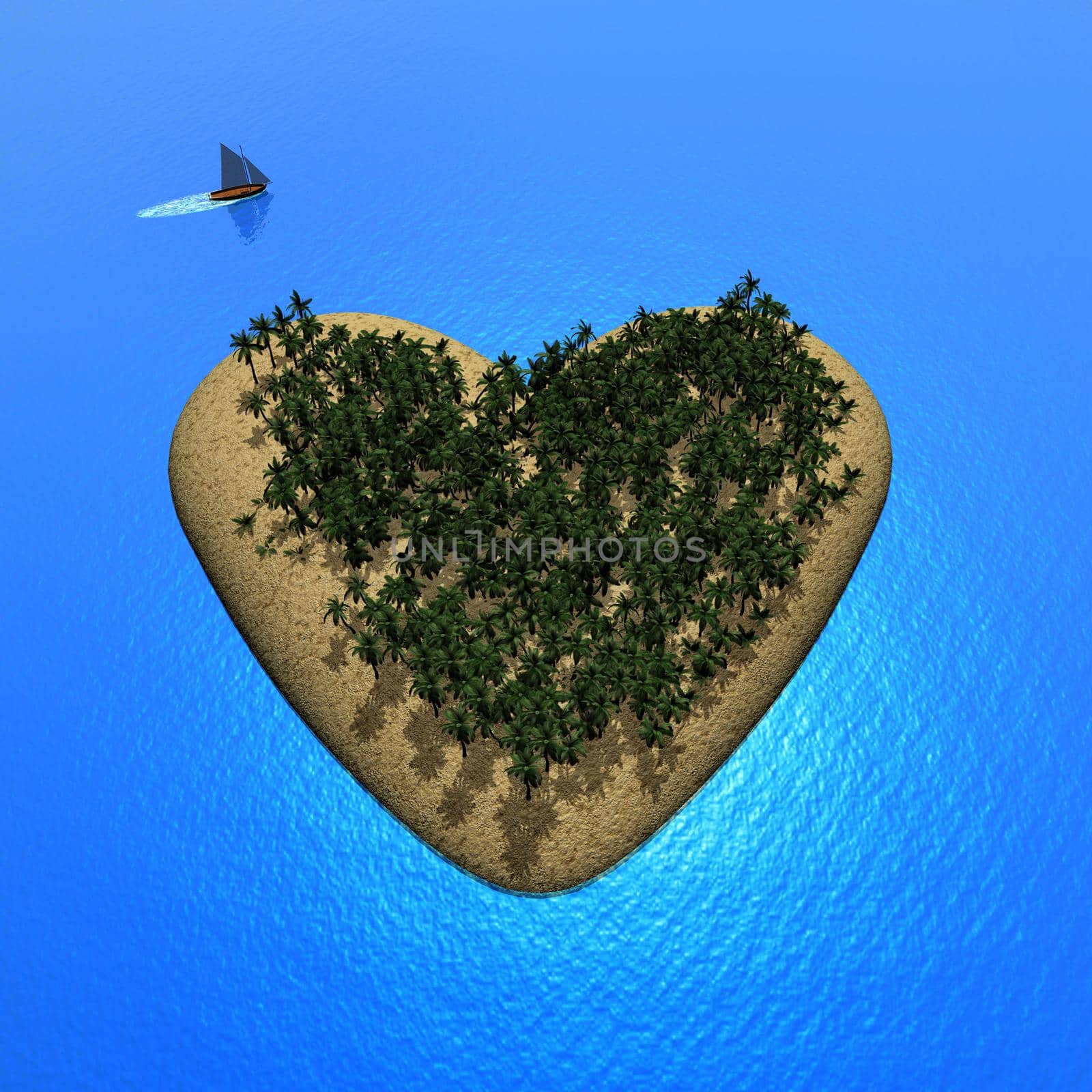 Heart island with lots of palm trees and sailboat on beautiful ocean water