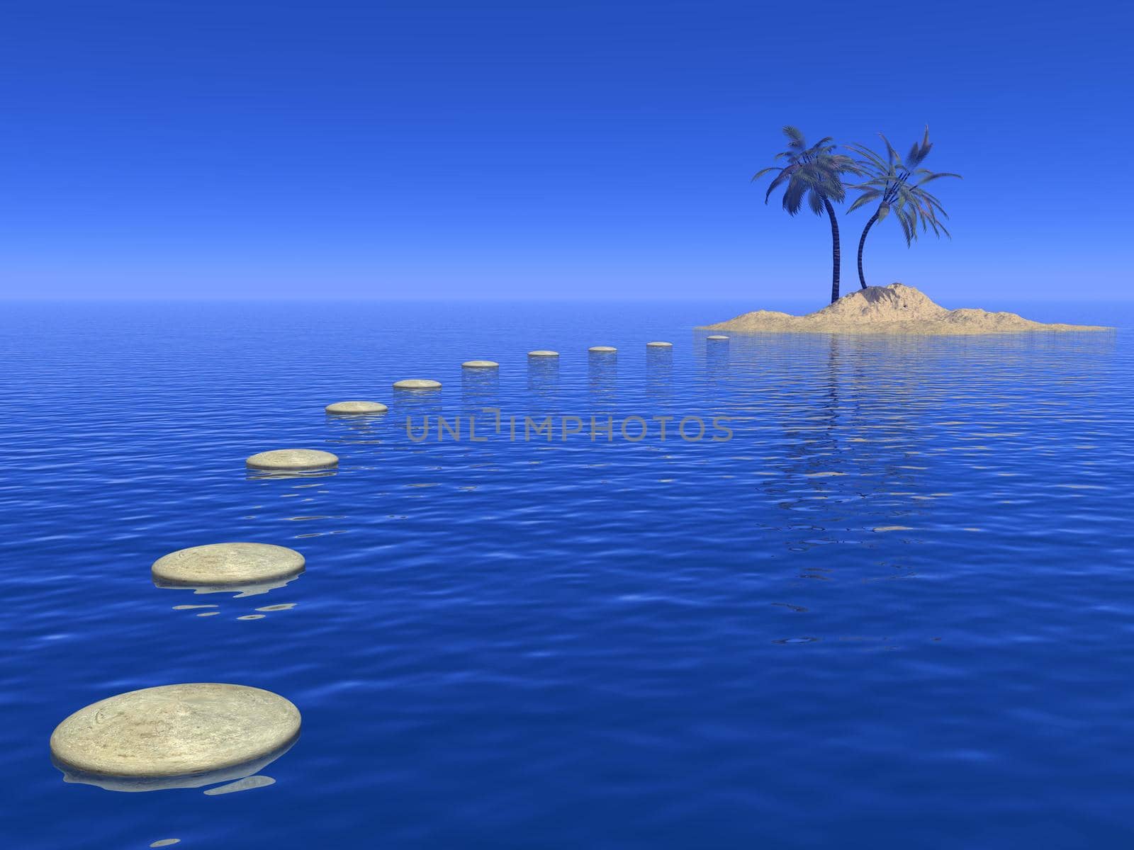 Steps as a way upon water to nice island with palm trees by blue day
