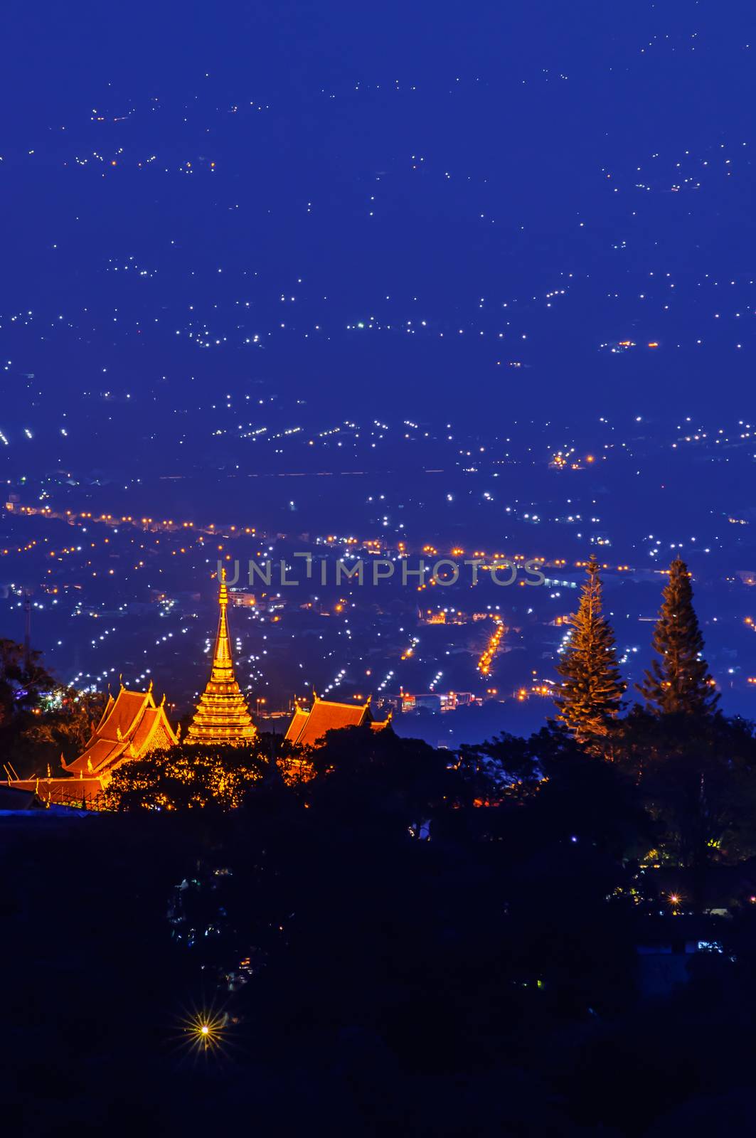 Chiang mai night light landscape from Doi Suthep , Thailand. 