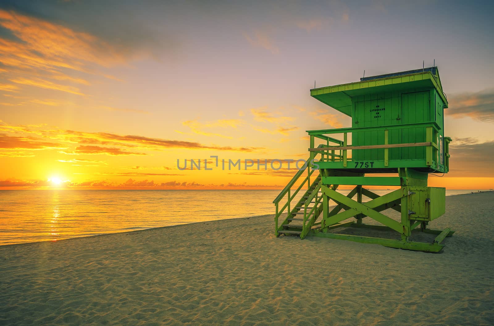 Famous Miami South Beach and lifeguard tower at sunrise, USA