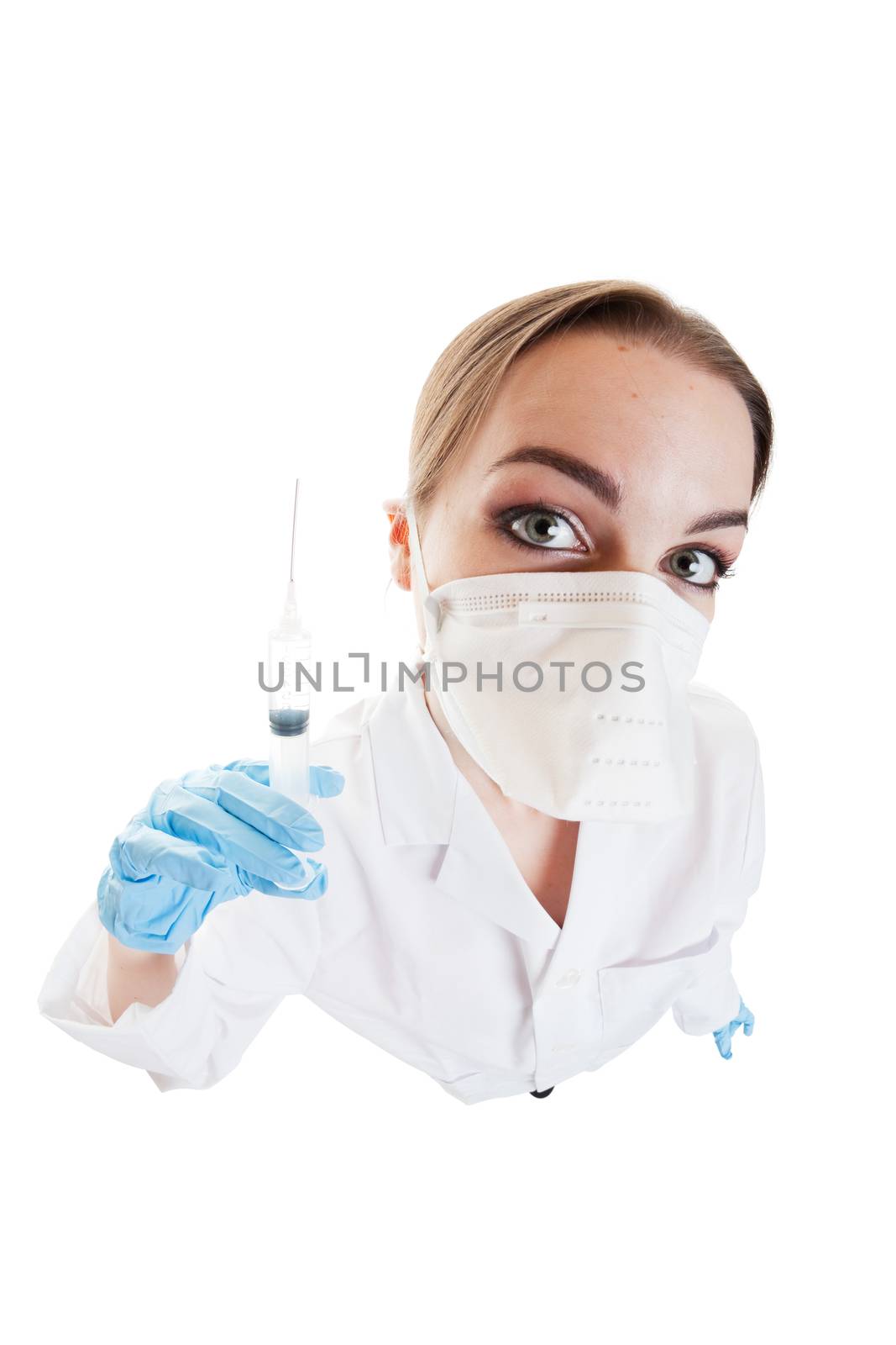 Wide angle overhead view of a nurse with a needle.  Shot on white background.