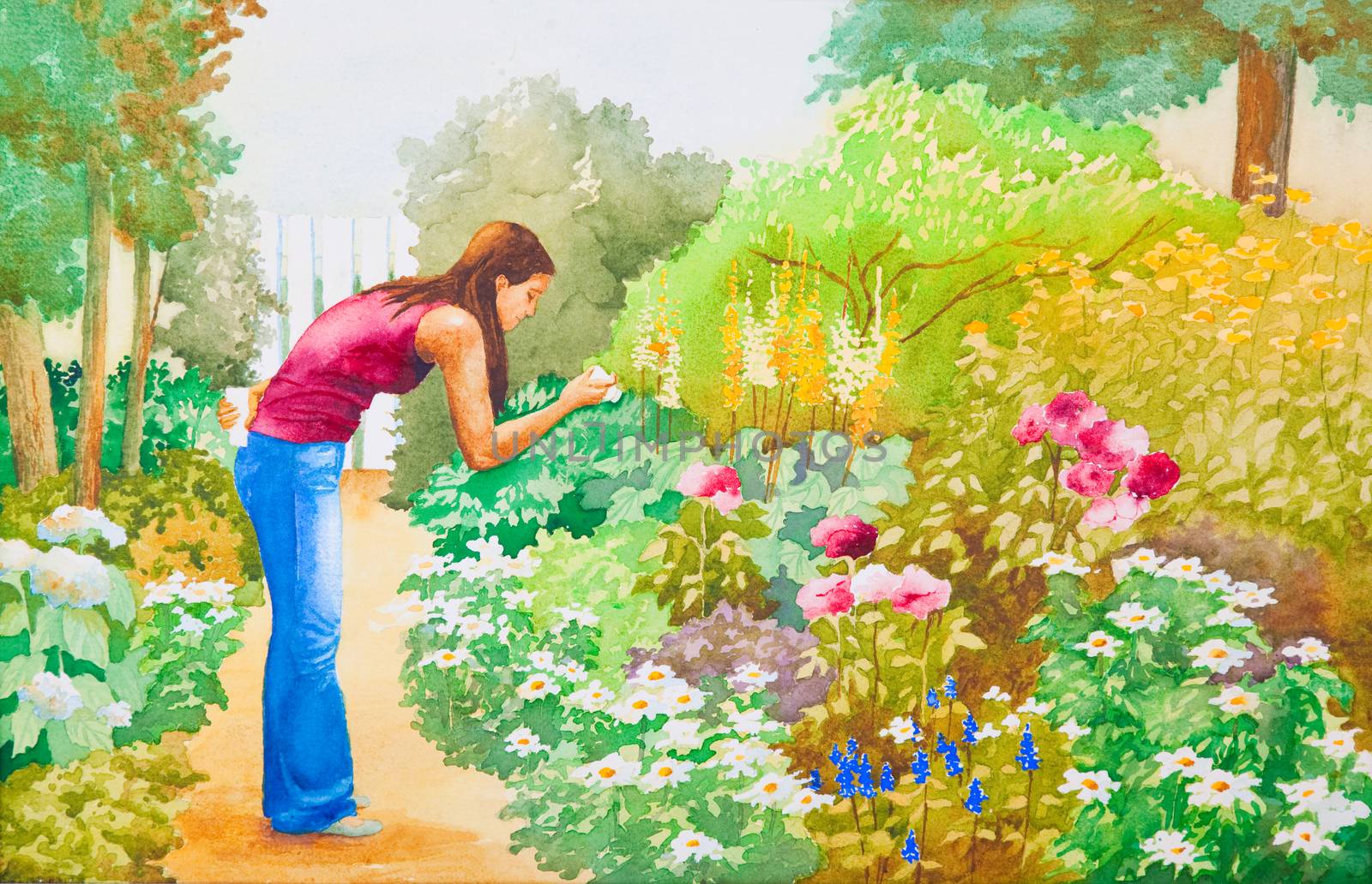  An original watercolor painting of a young girl taking pictures in a flower garden.  