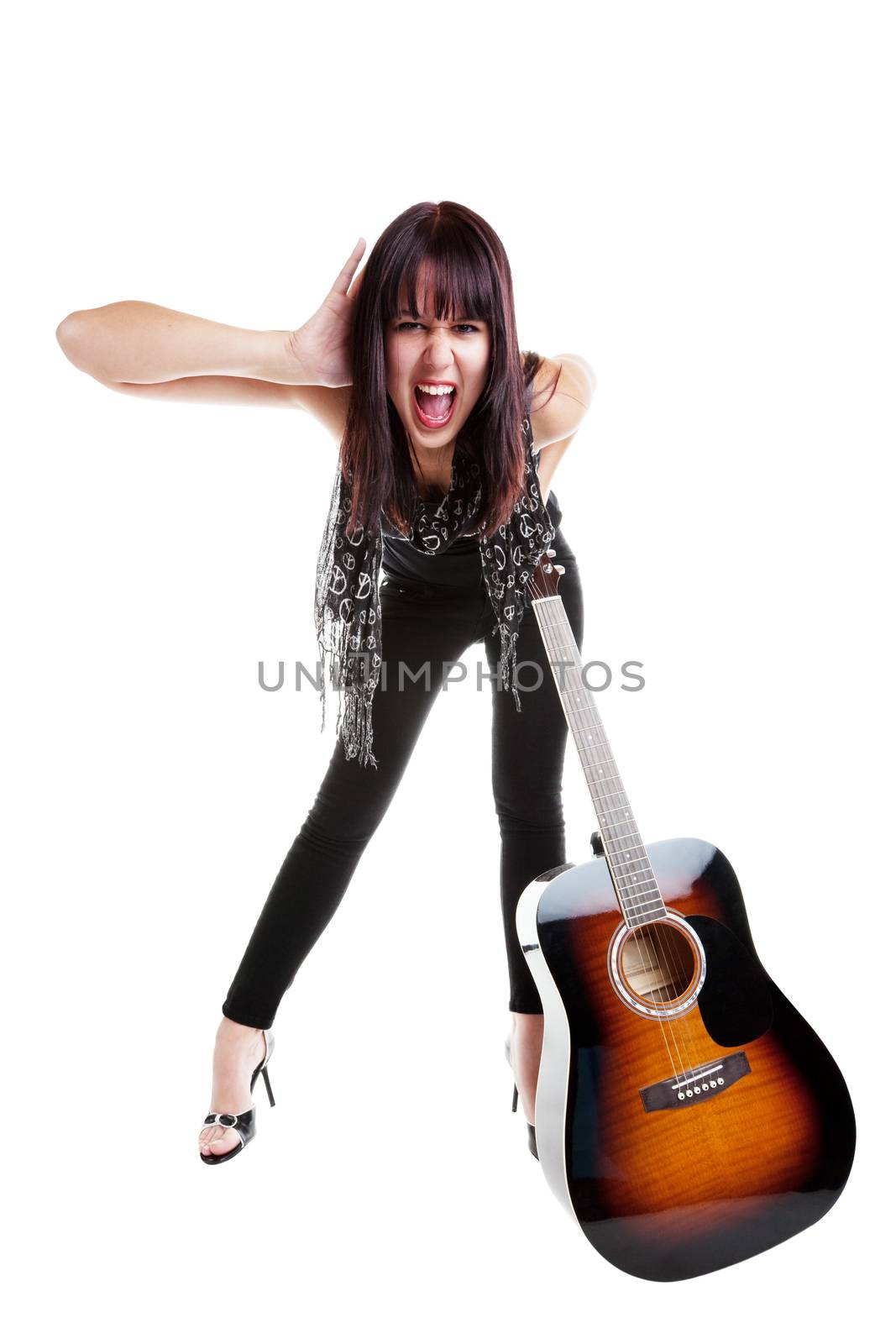 Screaming musician with guitar, dressed in Indie style fashion.