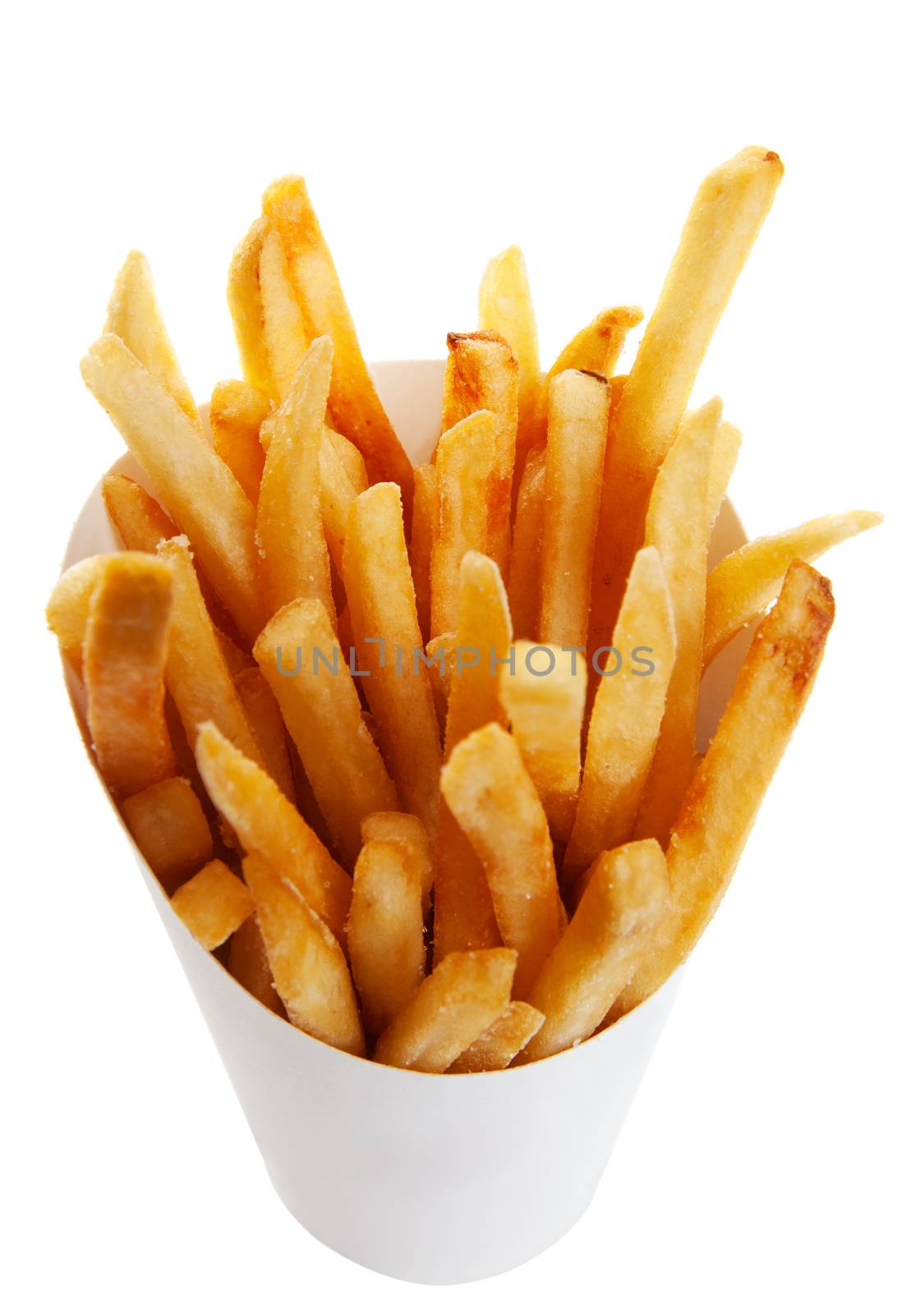 Golden brown french fries in a generic white take out container.  Shot on white background.