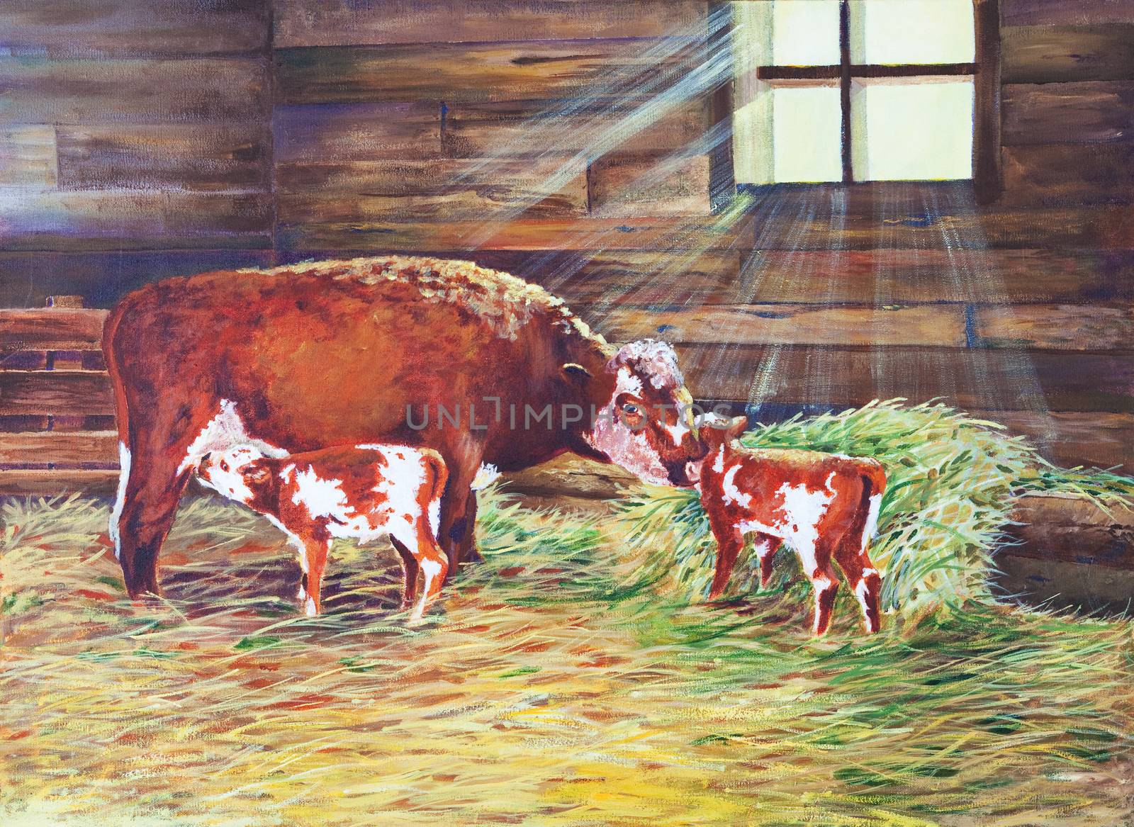 Light radiates through a barn window on a cow and her newborn twin calves.  An original oil painting on canvas.