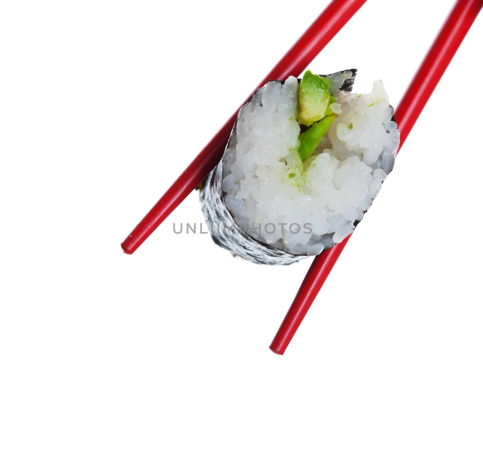 Red chopsticks holding a fresh avocado sushi roll.  Shot on White Background.