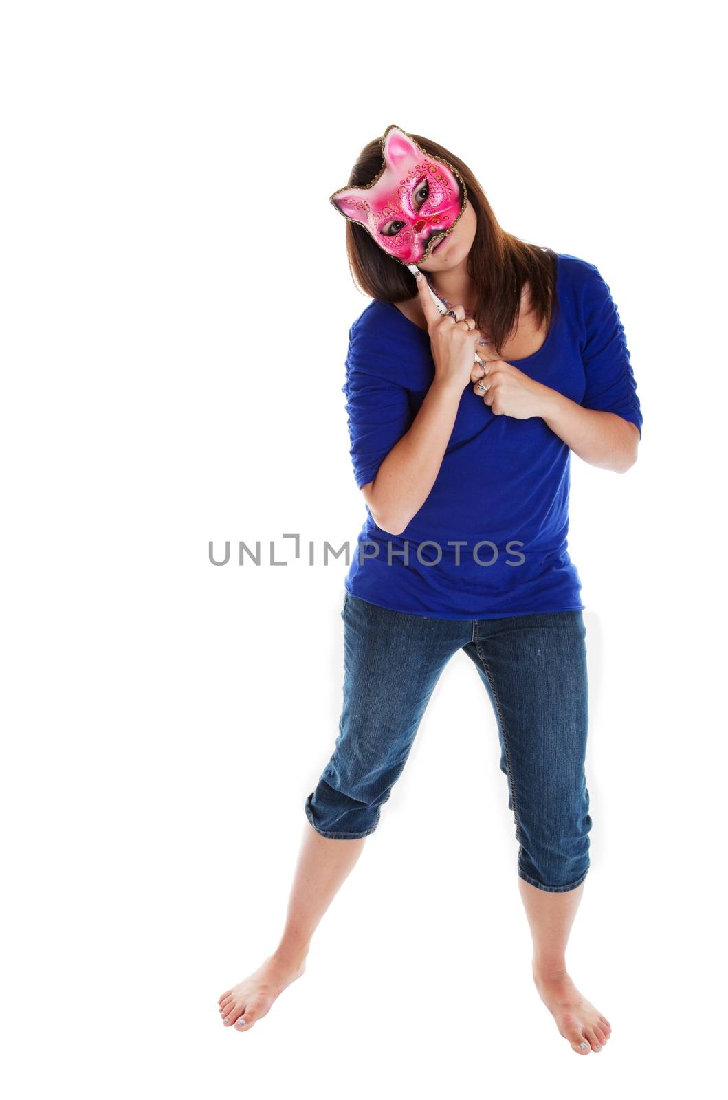 Theatrical performer with hand held Venetian mask.  Shot on white background.