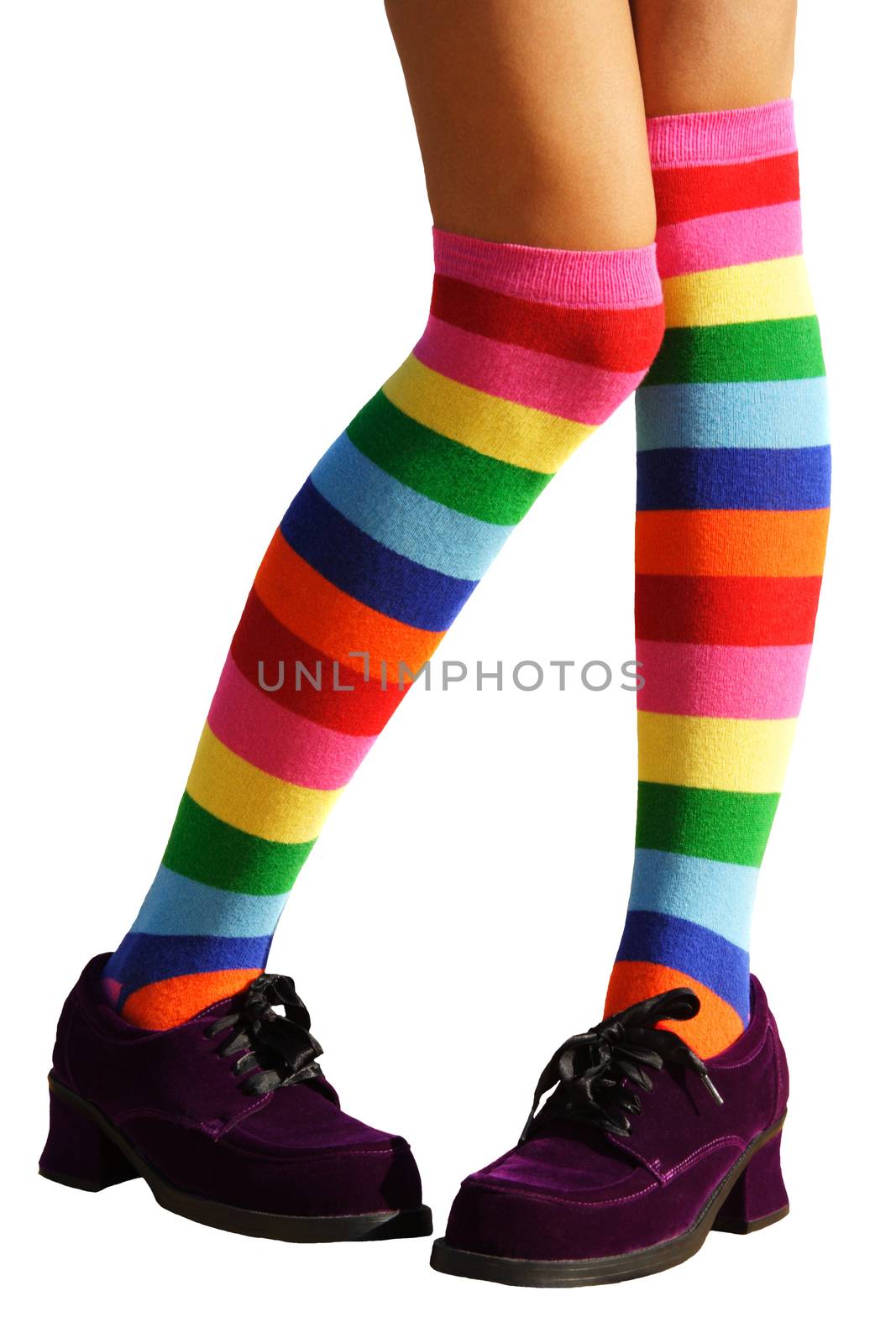 Awkward, bashful, schoolgirl legs in multicolored knee-his & chunky purple suede shoes.

 
 
