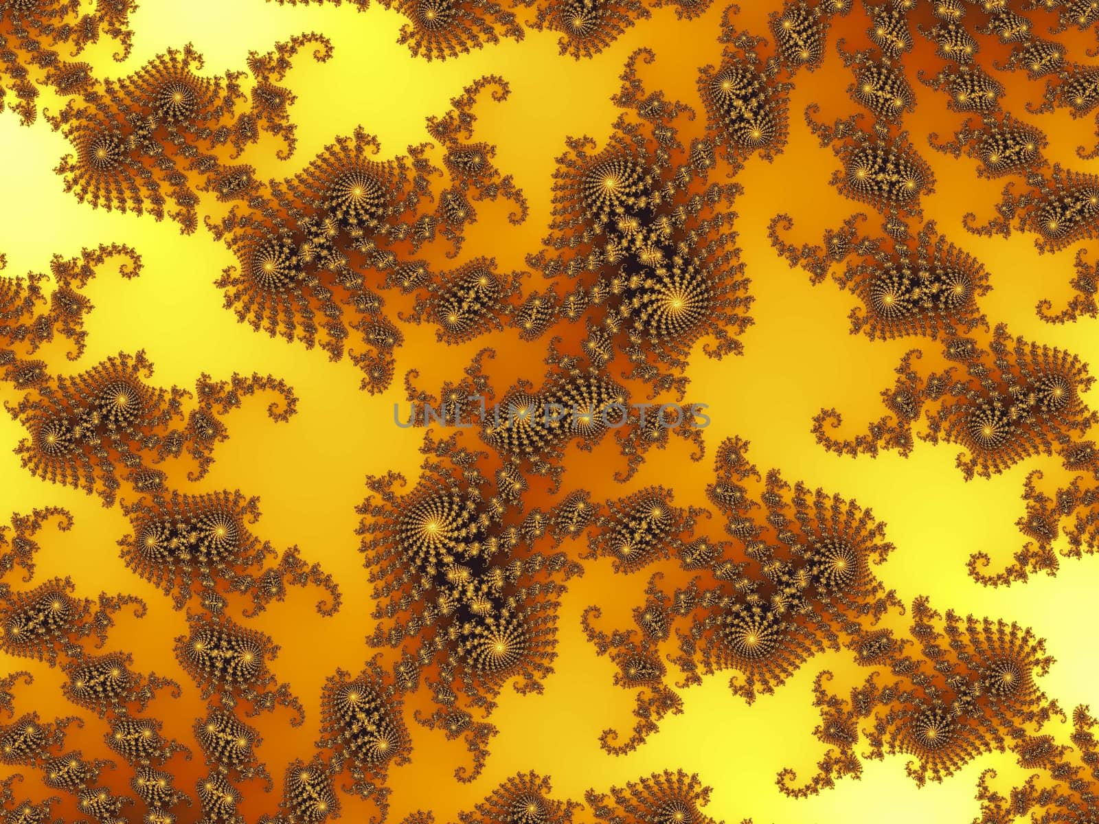 Digital computer graphic - rendering. Decorative fractal background with spirals in a yellow colors for design.