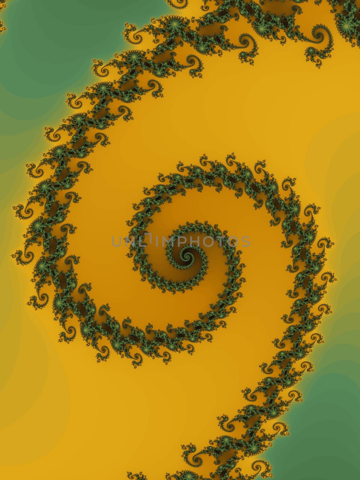 Digital computer graphic - rendering. Decorative fractal spiral in a yellow - green colors for design.