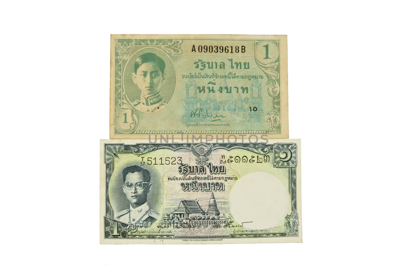 Old ancient bills of Thailand in different era isolated with white background.