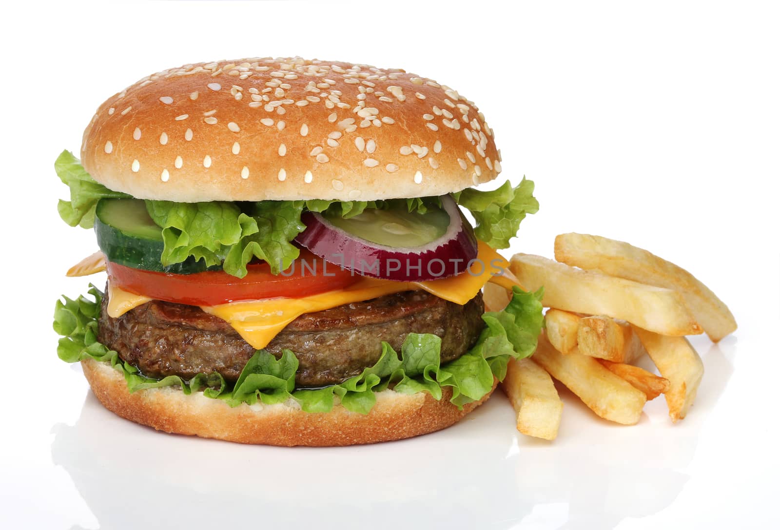 Tasty hamburger and french fries isolated on white