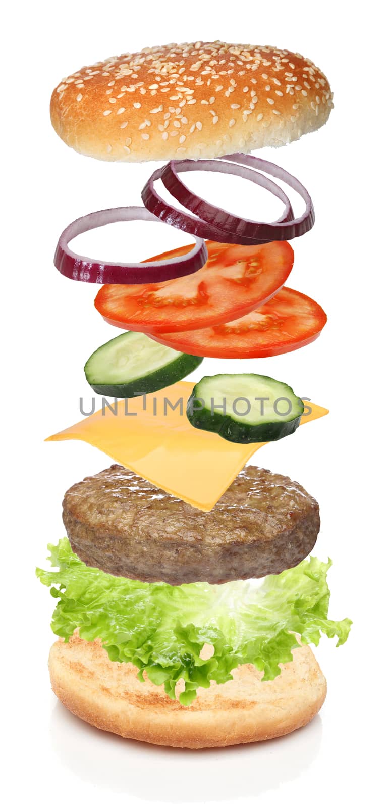 Flying ingredients of hamburger isolated on white