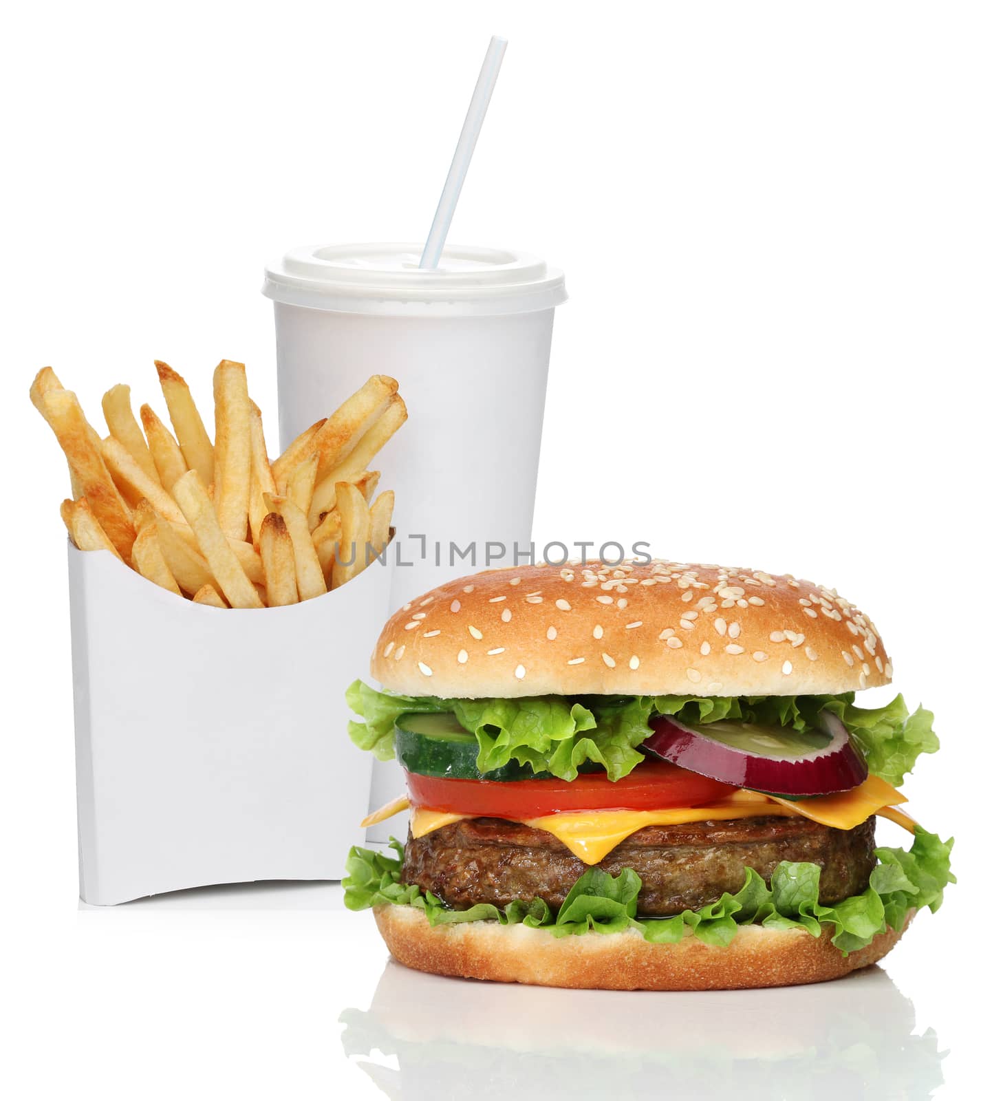 Hamburger with french fries and a cola drink, isolated  by Erdosain