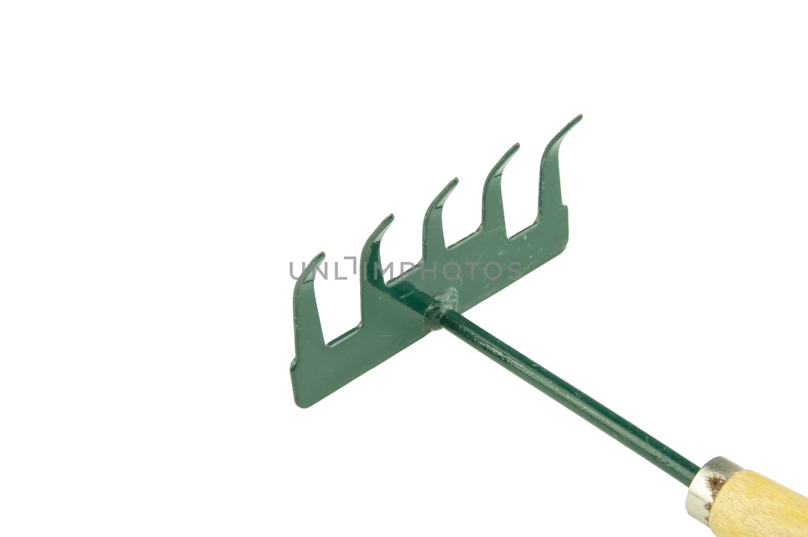 Green harrow placed face with wooden handle on bottom right isolated with white background.