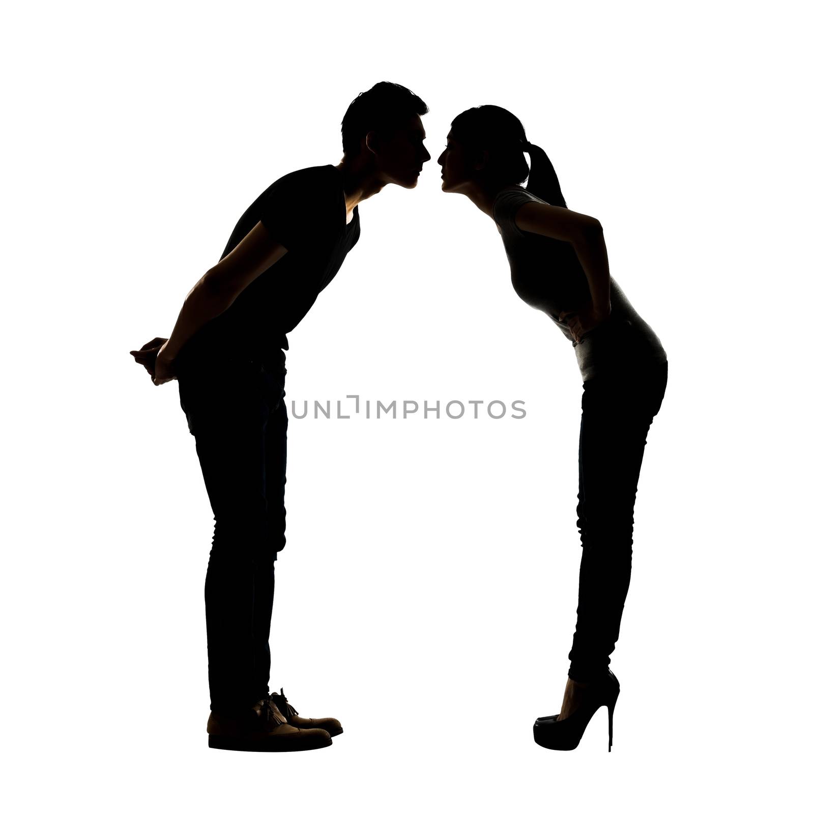 Silhouette of Asian young couple kiss, full length portrait isolated on white.