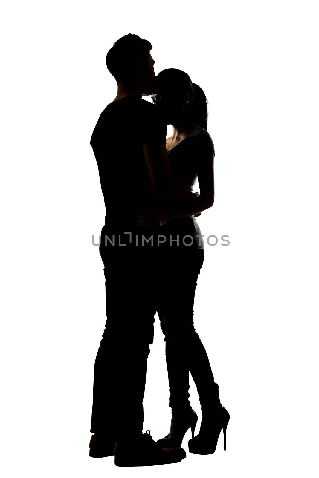 Silhouette of Asian couple hug, full length portrait isolated on white.