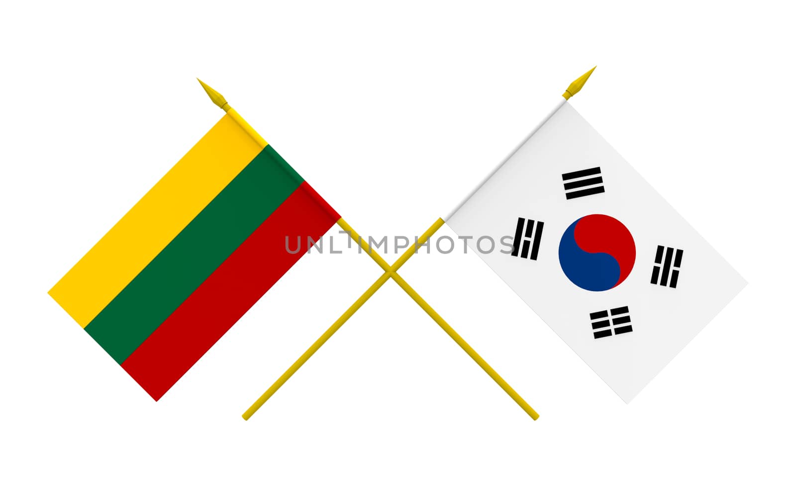 Flags of Republic of Korea and Lithuania, 3d render, isolated on white