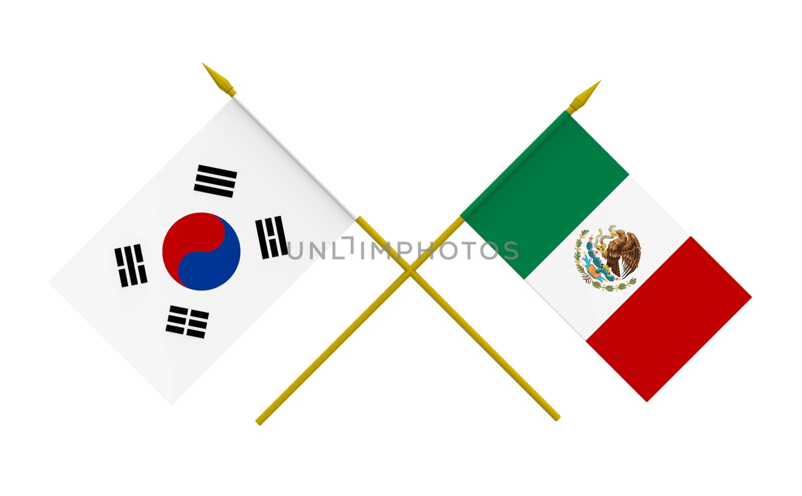 Flags of Mexico and Republic of Korea, 3d render, isolated
