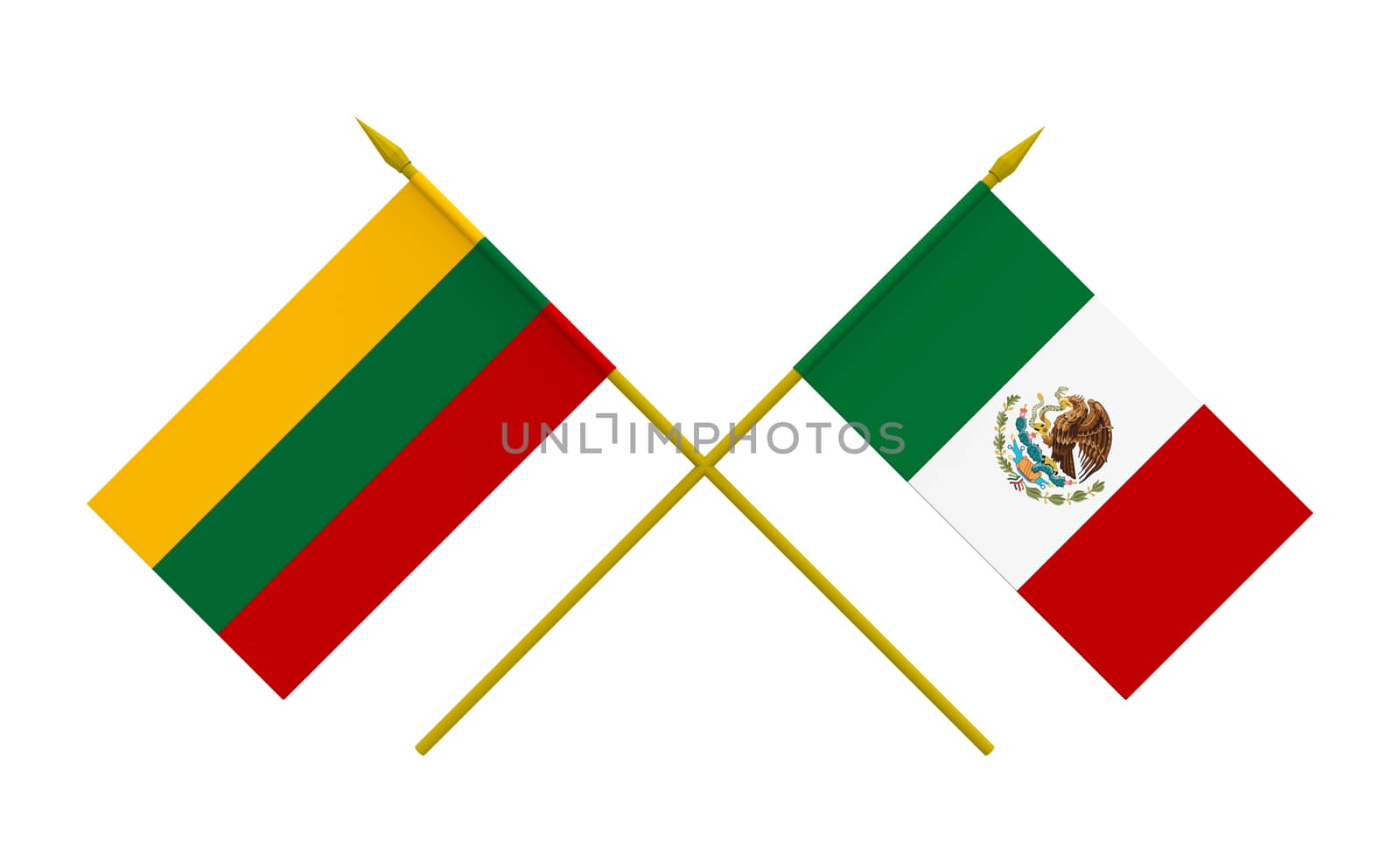 Flags of Lithuania and Mexico, 3d render, isolated