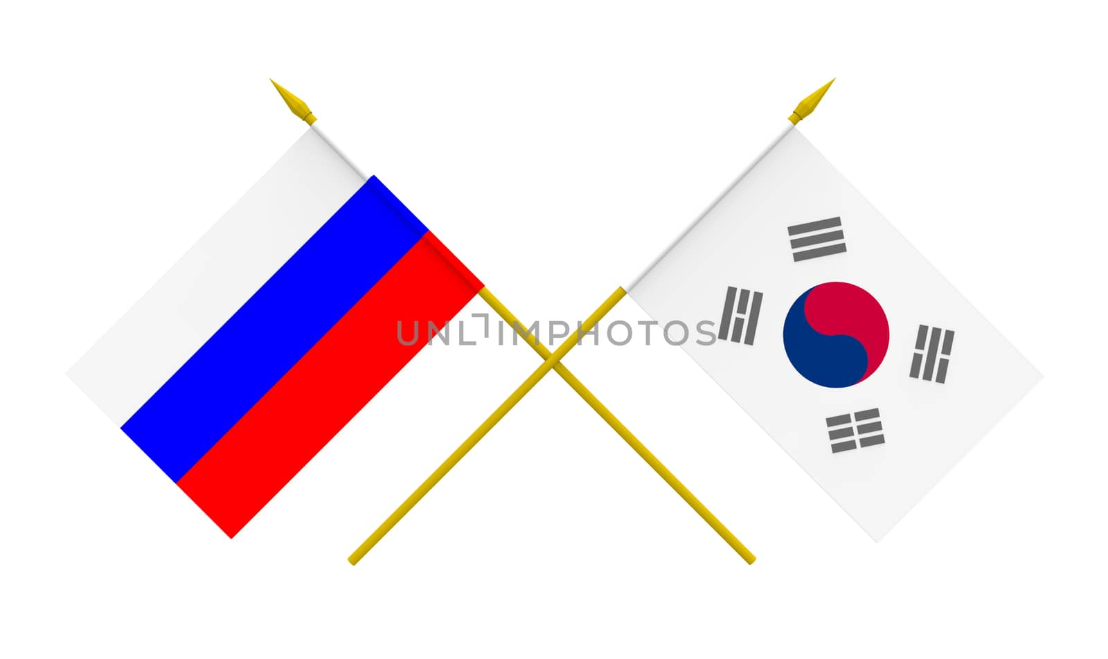 Flags of Russia and Republic of Korea, 3d render, isolated